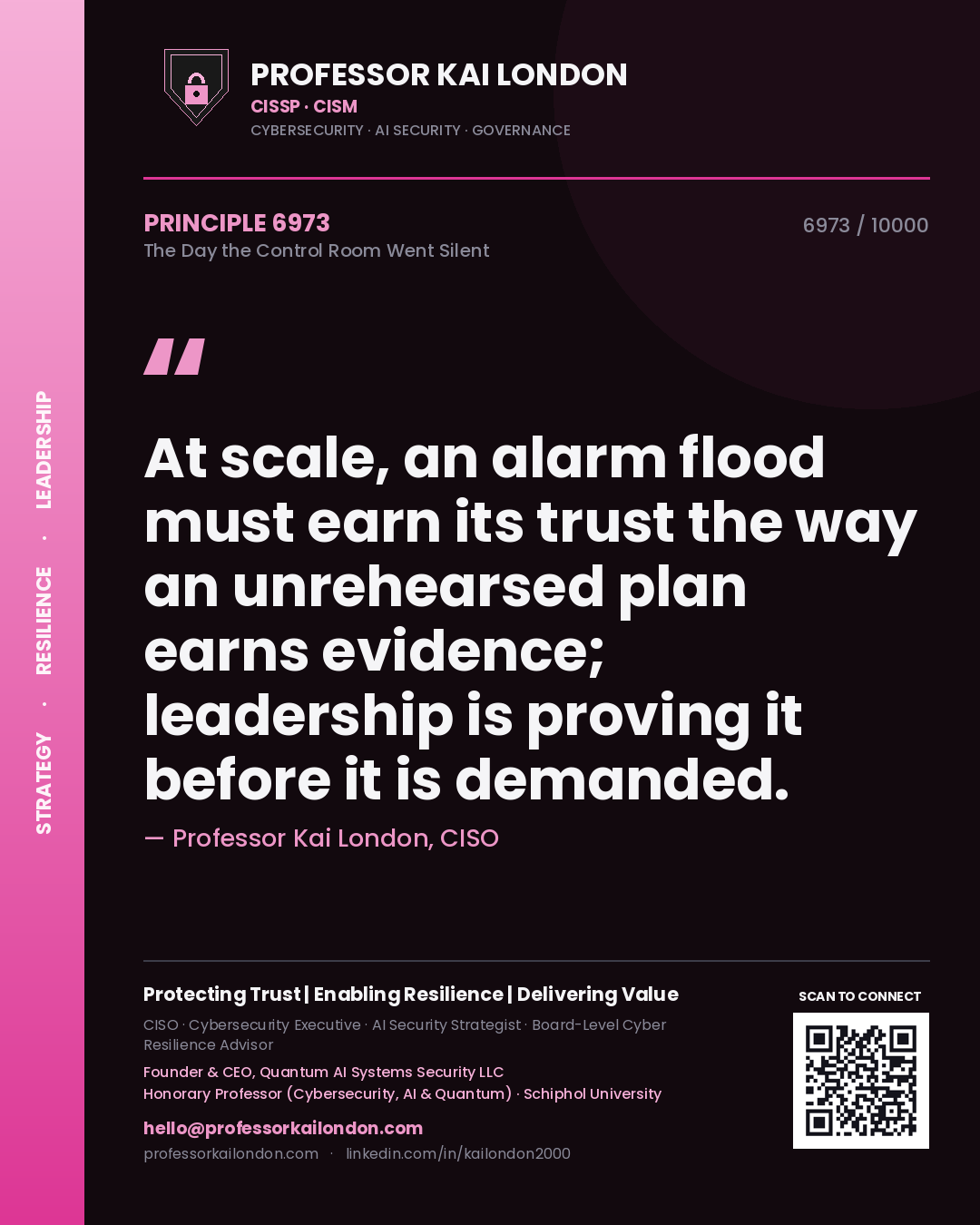 Quote card by Professor Kai London reading 'At scale, an alarm flood must earn its trust the way an unrehearsed plan earns evidence; leadership is proving it before it is demanded.'. From the book The Day the Control Room Went Silent.