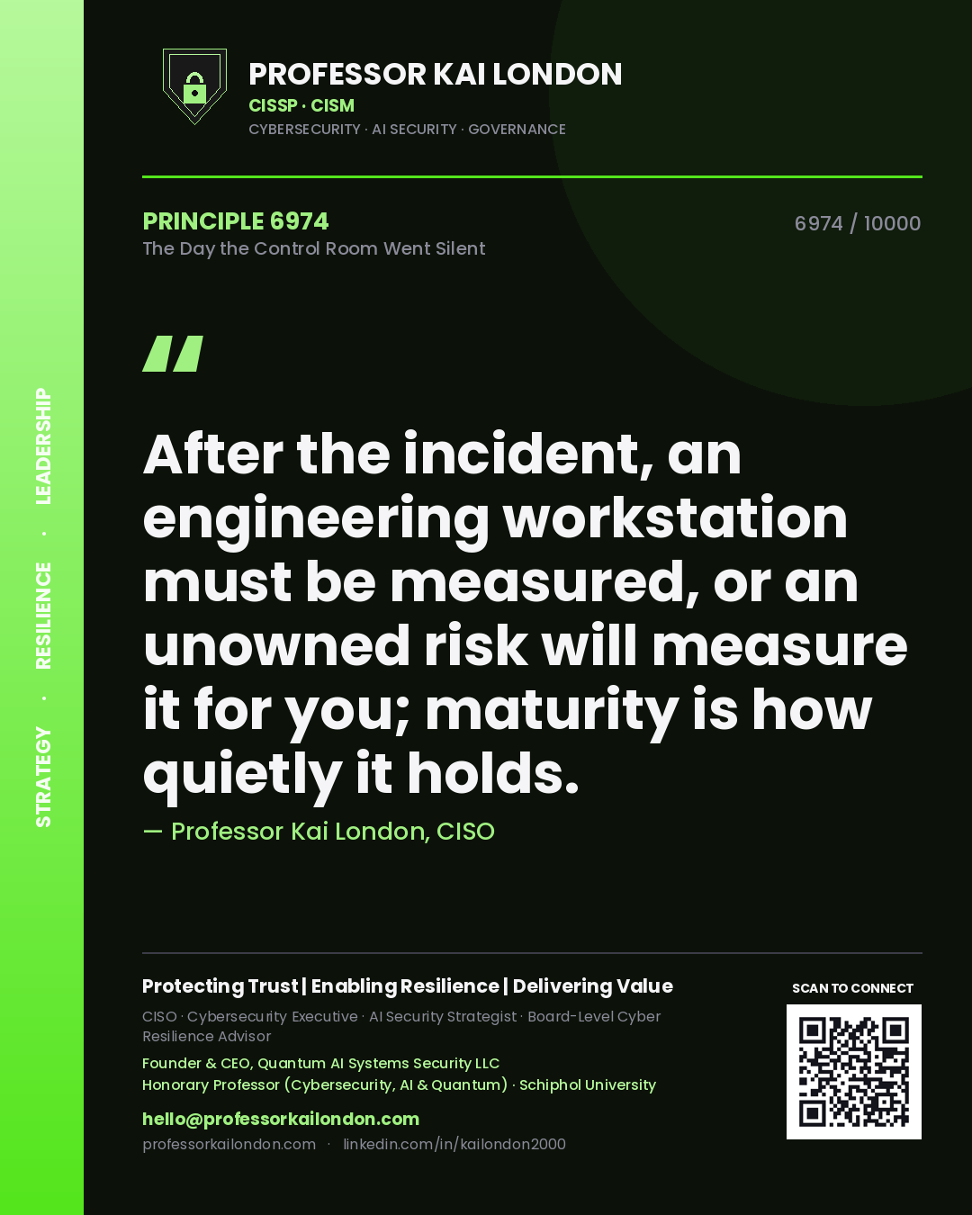 Quote card by Professor Kai London reading 'After the incident, an engineering workstation must be measured, or an unowned risk will measure it for you; maturity is how quietly it holds.'. From the book The Day the Control Room Went Silent.