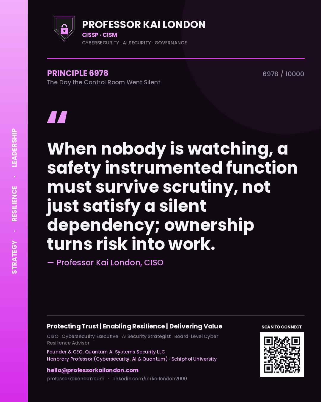 Quote card by Professor Kai London reading 'When nobody is watching, a safety instrumented function must survive scrutiny, not just satisfy a silent dependency; ownership turns risk into work.'. From the book The Day the Control Room Went Silent.