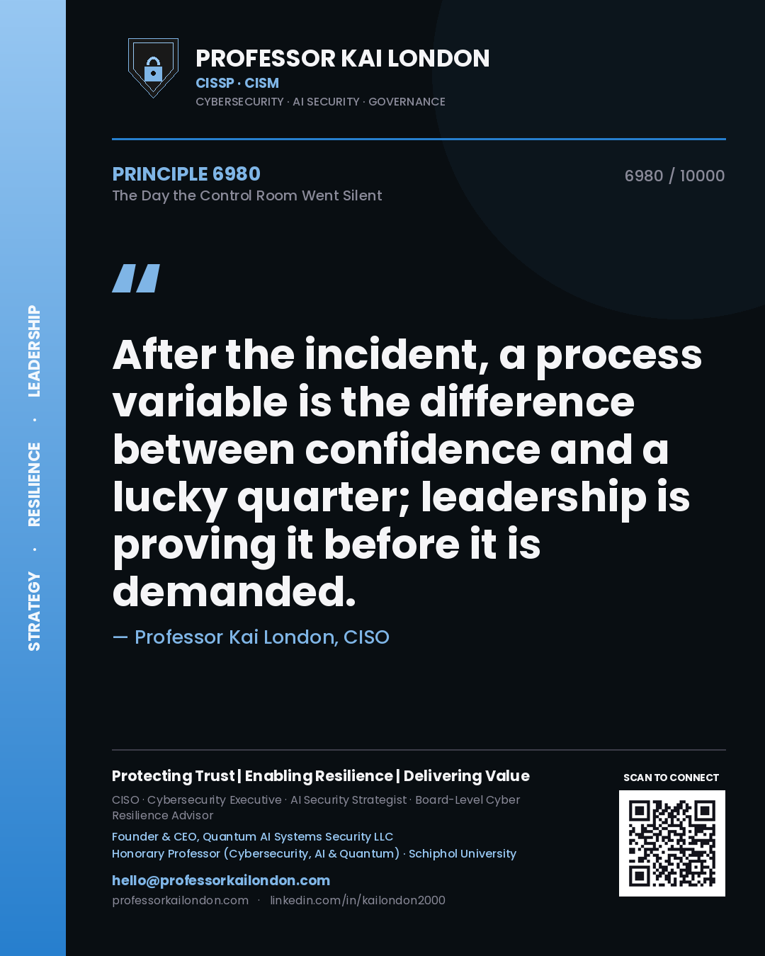 Quote card by Professor Kai London reading 'After the incident, a process variable is the difference between confidence and a lucky quarter; leadership is proving it before it is demanded.'. From the book The Day the Control Room Went Silent.