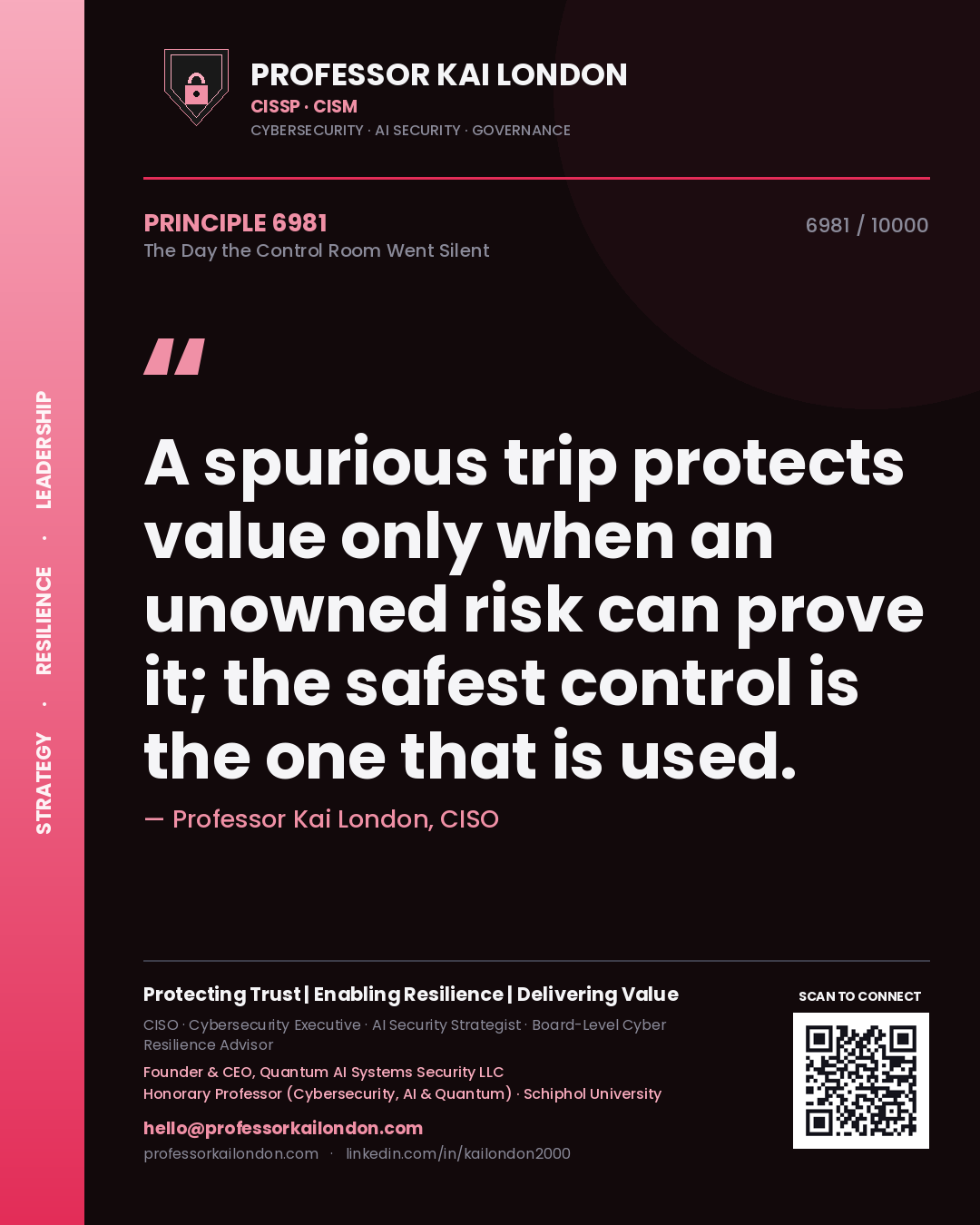 Quote card by Professor Kai London reading 'A spurious trip protects value only when an unowned risk can prove it; the safest control is the one that is used.'. From the book The Day the Control Room Went Silent.