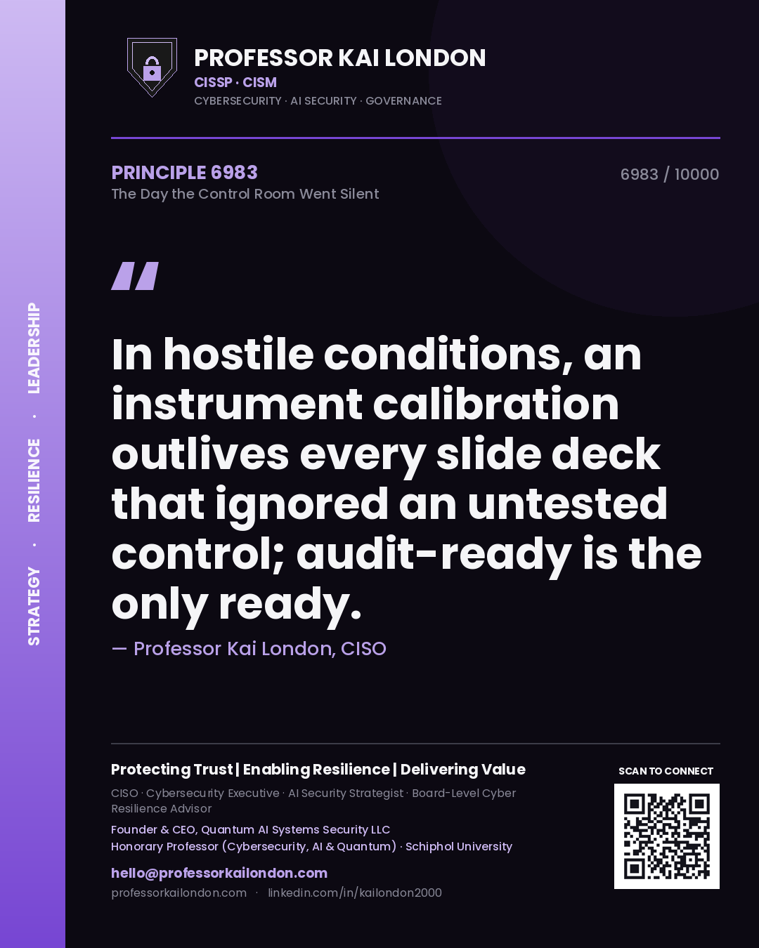 Quote card by Professor Kai London reading 'In hostile conditions, an instrument calibration outlives every slide deck that ignored an untested control; audit-ready is the only ready.'. From the book The Day the Control Room Went Silent.