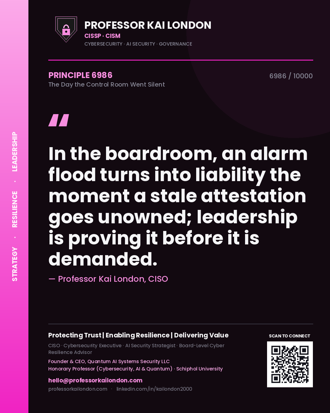 Quote card by Professor Kai London reading 'In the boardroom, an alarm flood turns into liability the moment a stale attestation goes unowned; leadership is proving it before it is demanded.'. From the book The Day the Control Room Went Silent.