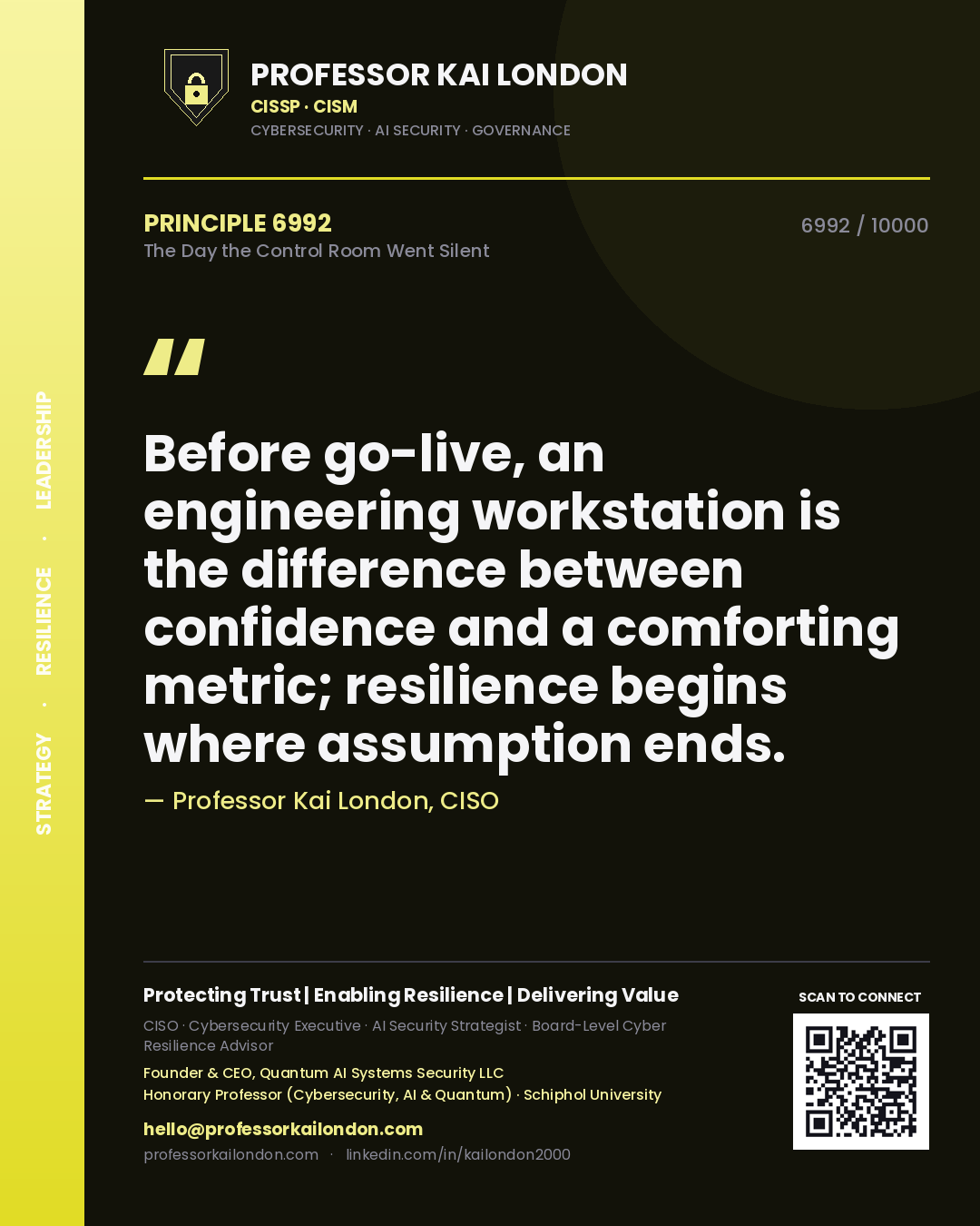Quote card by Professor Kai London reading 'Before go-live, an engineering workstation is the difference between confidence and a comforting metric; resilience begins where assumption ends.'. From the book The Day the Control Room Went Silent.