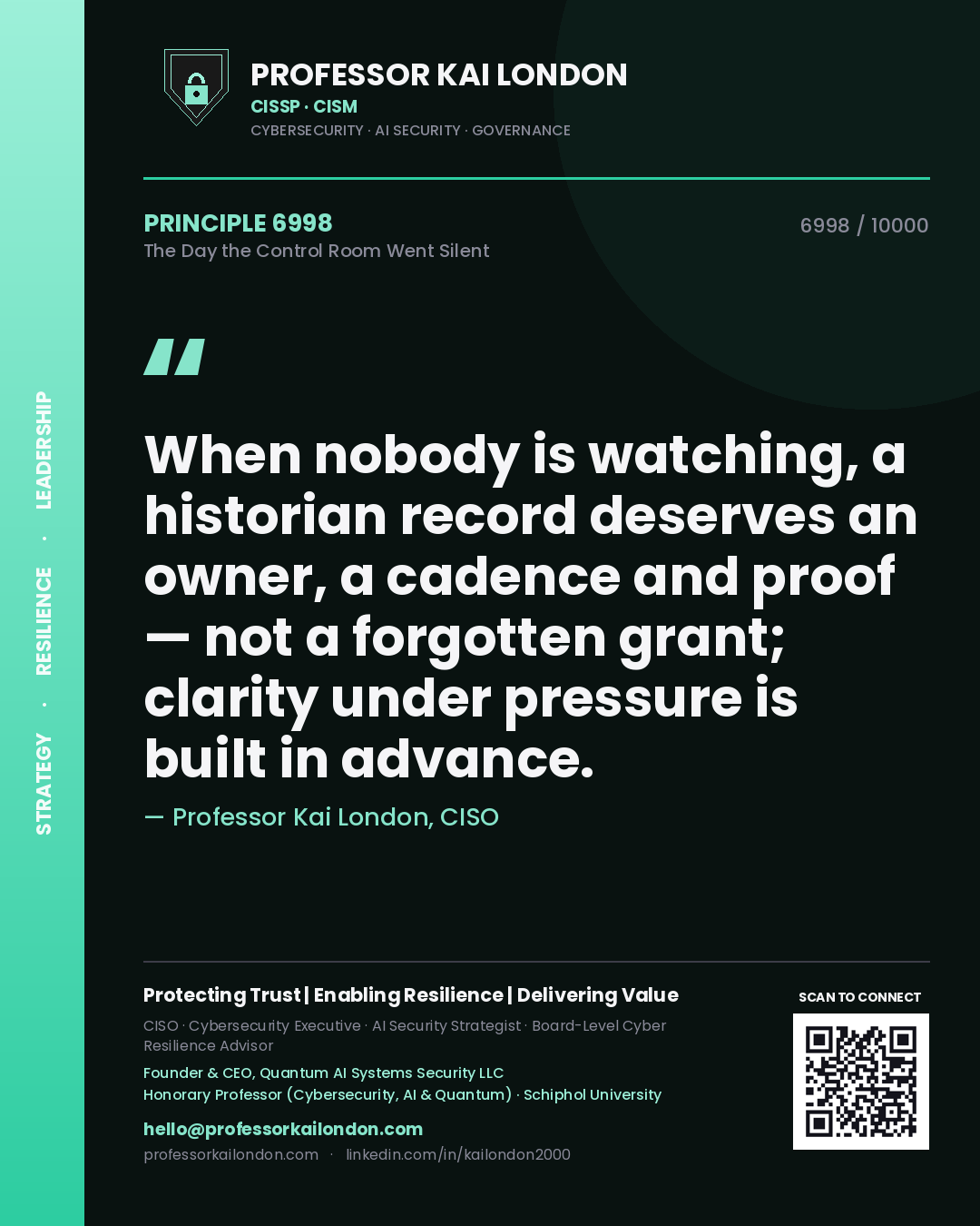 Quote card by Professor Kai London reading 'When nobody is watching, a historian record deserves an owner, a cadence and proof — not a forgotten grant; clarity under pressure is built in advance.'. From the book The Day the Control Room Went Silent.