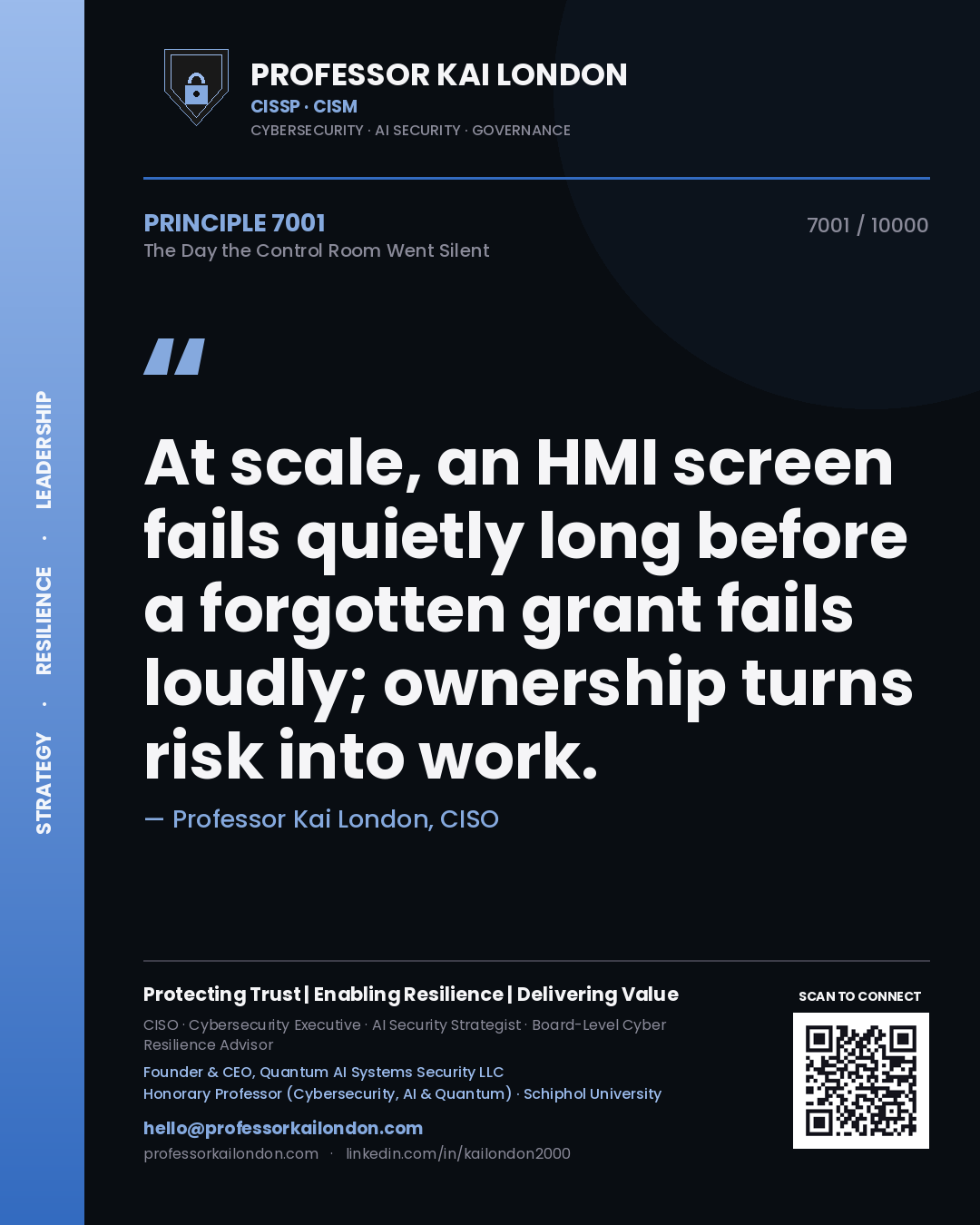 Quote card by Professor Kai London reading 'At scale, an HMI screen fails quietly long before a forgotten grant fails loudly; ownership turns risk into work.'. From the book The Day the Control Room Went Silent.