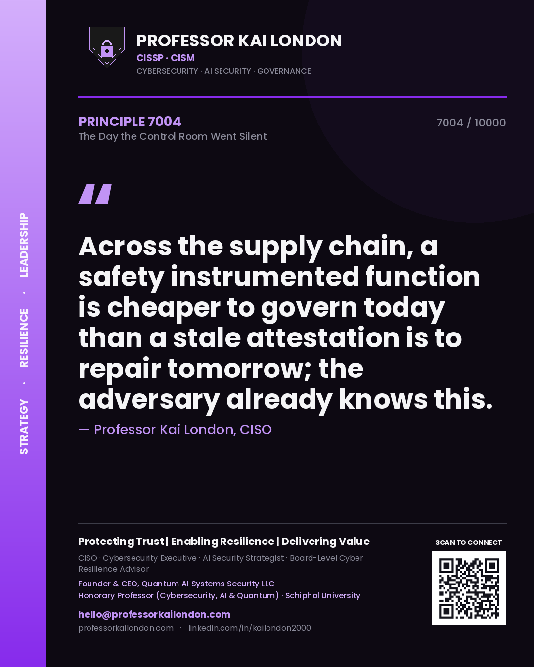 Quote card by Professor Kai London reading 'Across the supply chain, a safety instrumented function is cheaper to govern today than a stale attestation is to repair tomorrow; the adversary already knows this.'. From the book The Day the Control Room Went Silent.