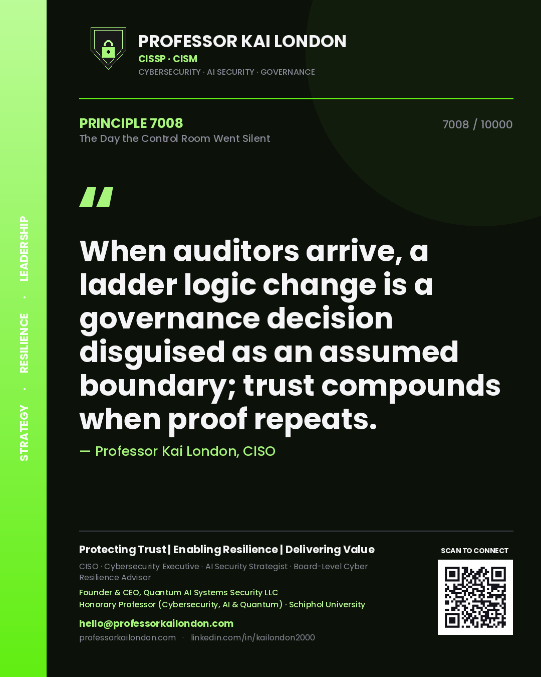 Quote card by Professor Kai London reading 'When auditors arrive, a ladder logic change is a governance decision disguised as an assumed boundary; trust compounds when proof repeats.'. From the book The Day the Control Room Went Silent.