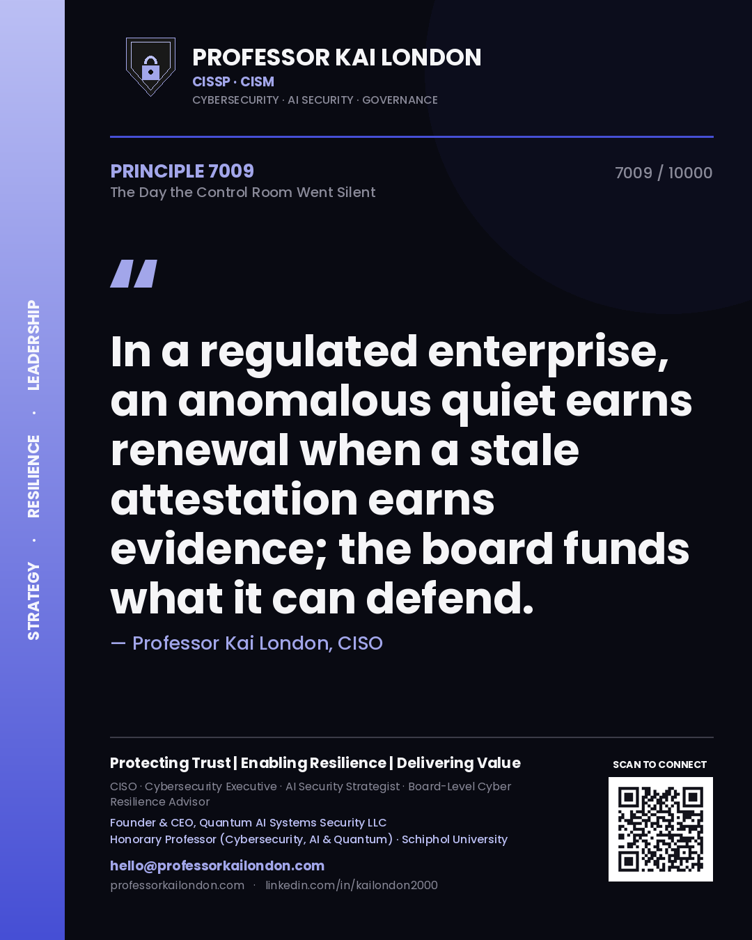Professor Kai London principle 7009: In a regulated enterprise, an anomalous quiet earns renewal when a stale attestation earns evidence; the board funds what it can defend.