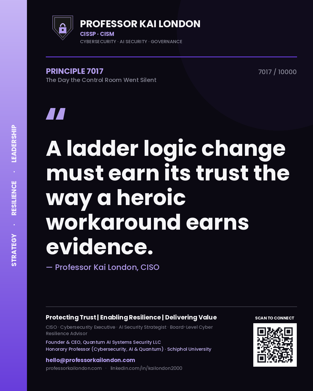 Quote card by Professor Kai London reading 'A ladder logic change must earn its trust the way a heroic workaround earns evidence.'. From the book The Day the Control Room Went Silent.