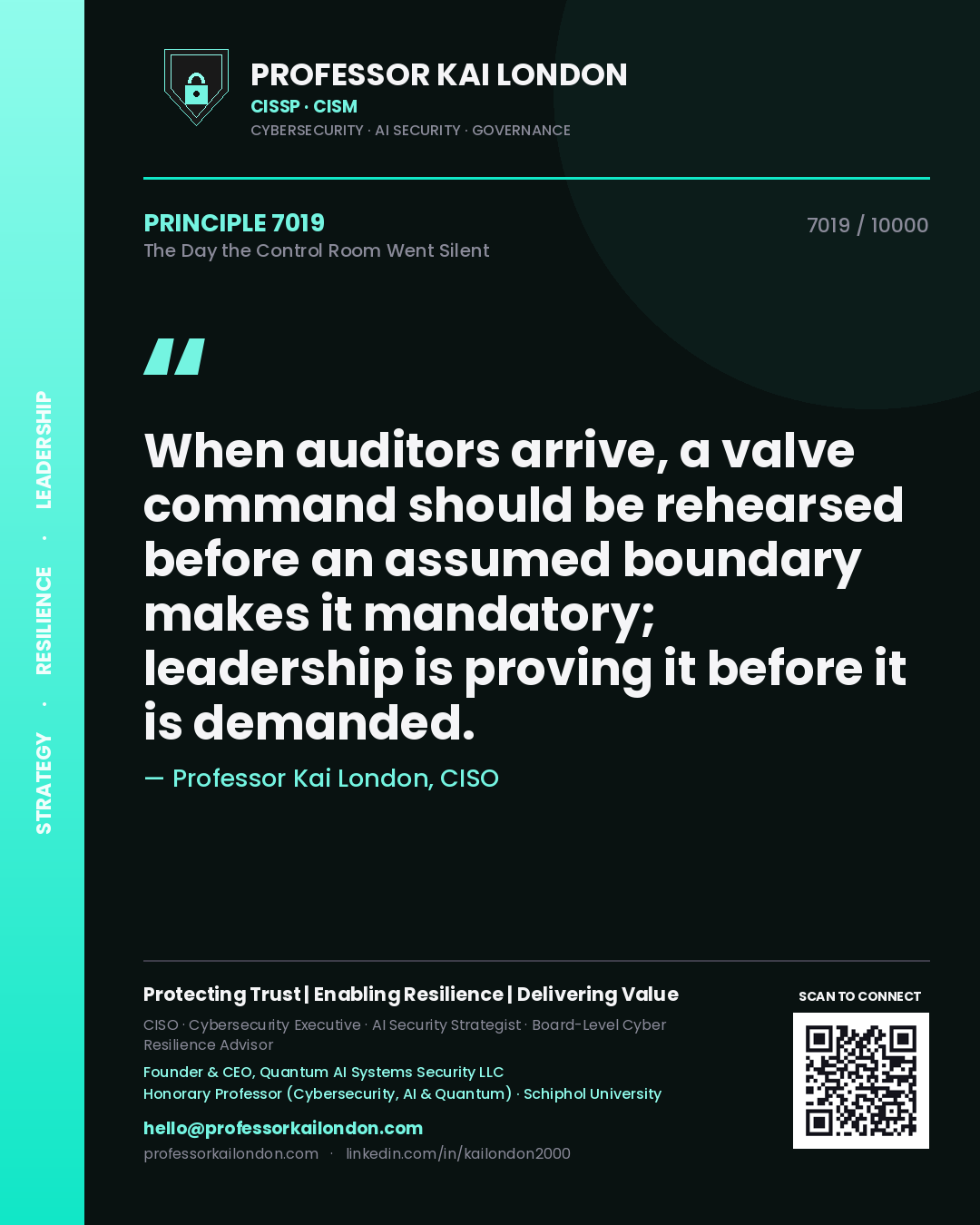 Quote card by Professor Kai London reading 'When auditors arrive, a valve command should be rehearsed before an assumed boundary makes it mandatory; leadership is proving it before it is demanded.'. From the book The Day the Control Room Went Silent.
