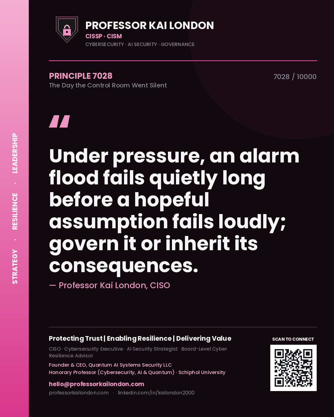 Quote card by Professor Kai London reading 'Under pressure, an alarm flood fails quietly long before a hopeful assumption fails loudly; govern it or inherit its consequences.'. From the book The Day the Control Room Went Silent.