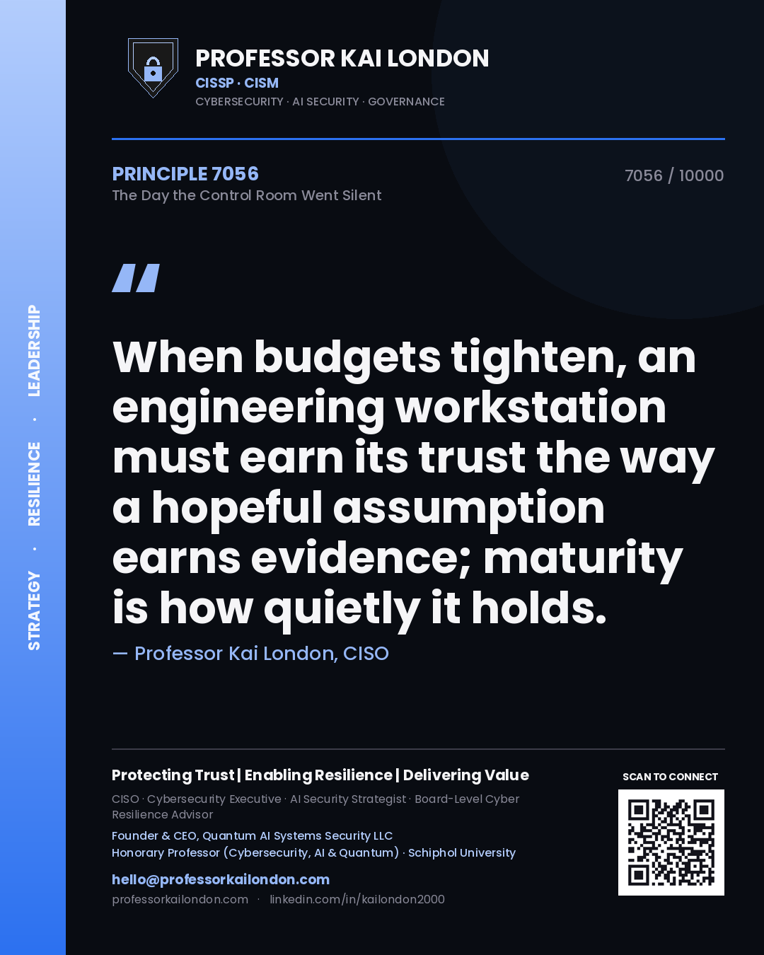 Professor Kai London principle 7056: When budgets tighten, an engineering workstation must earn its trust the way a hopeful assumption earns evidence; maturity is how quietly it holds.