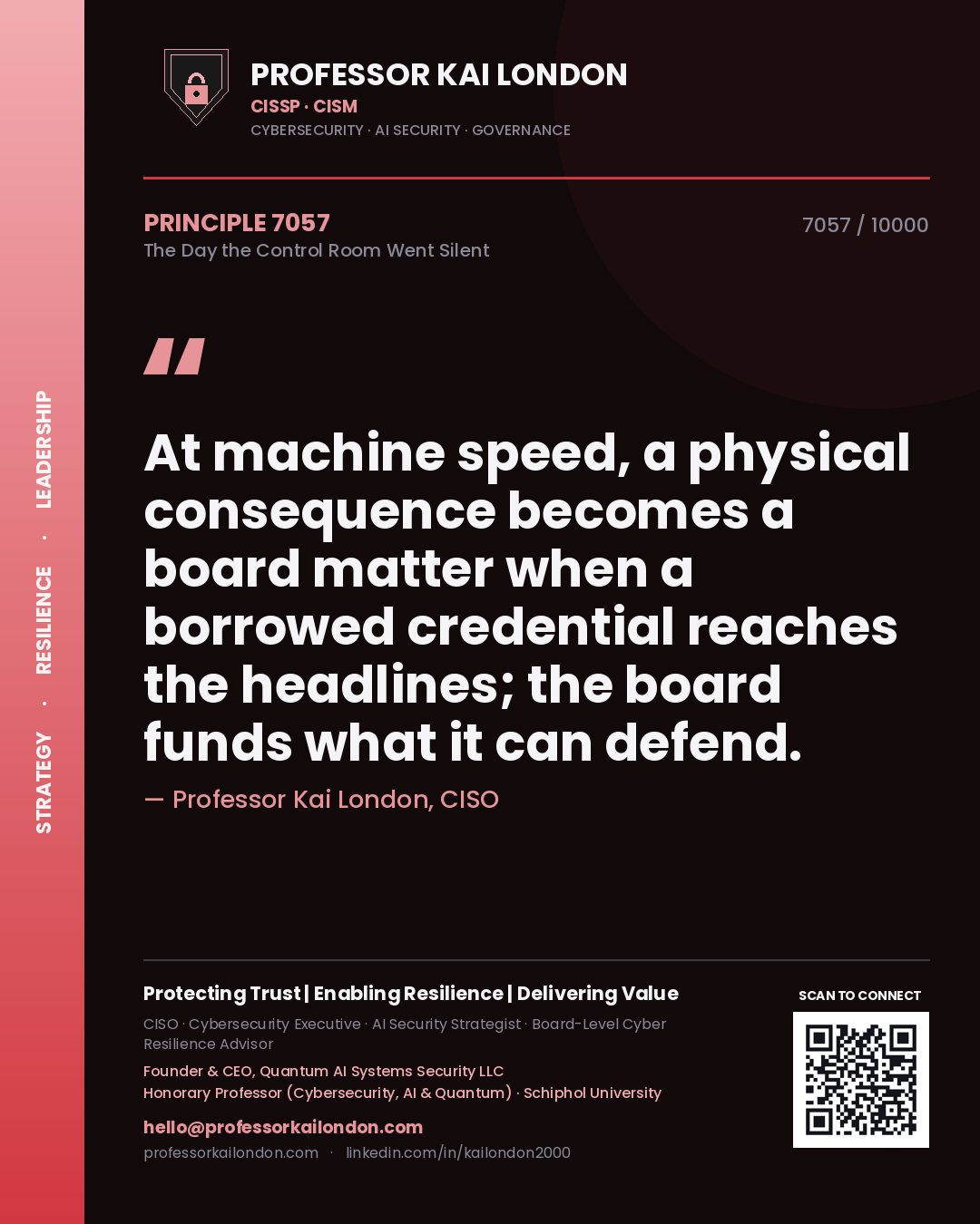 Quote card by Professor Kai London reading 'At machine speed, a physical consequence becomes a board matter when a borrowed credential reaches the headlines; the board funds what it can defend.'. From the book The Day the Control Room Went Silent.