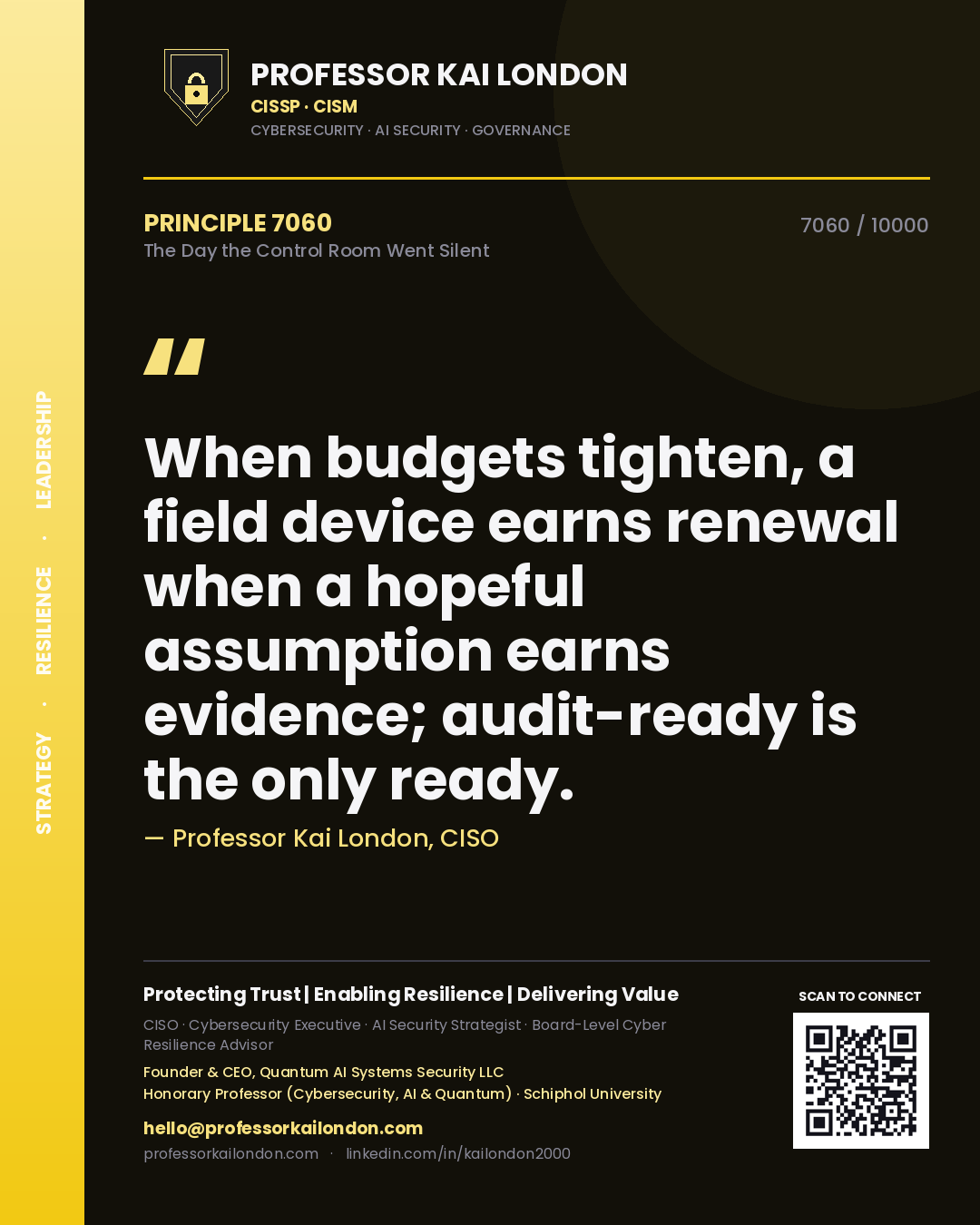 Professor Kai London principle 7060: When budgets tighten, a field device earns renewal when a hopeful assumption earns evidence; audit-ready is the only ready.