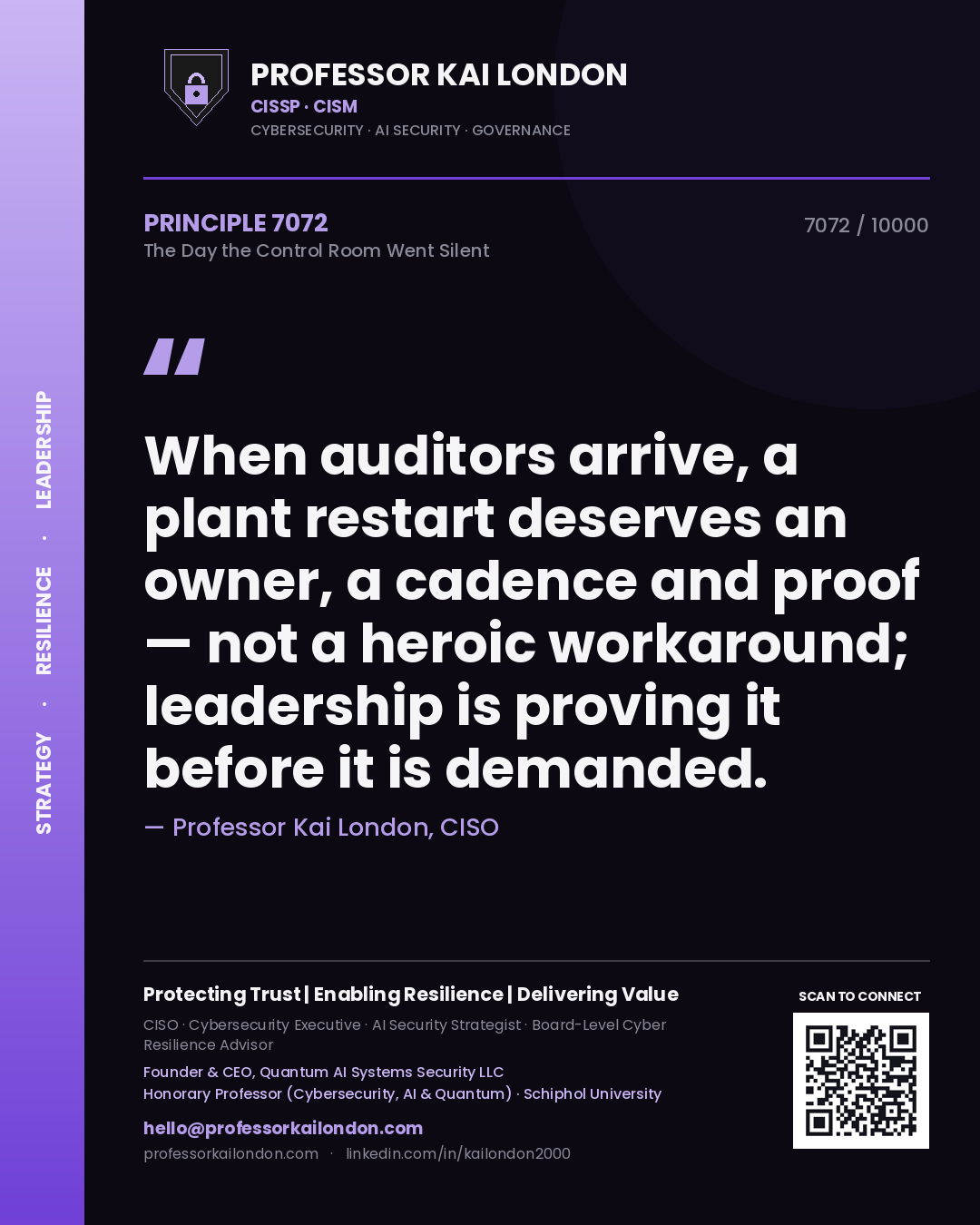 Quote card by Professor Kai London reading 'When auditors arrive, a plant restart deserves an owner, a cadence and proof — not a heroic workaround; leadership is proving it before it is demanded.'. From the book The Day the Control Room Went Silent.