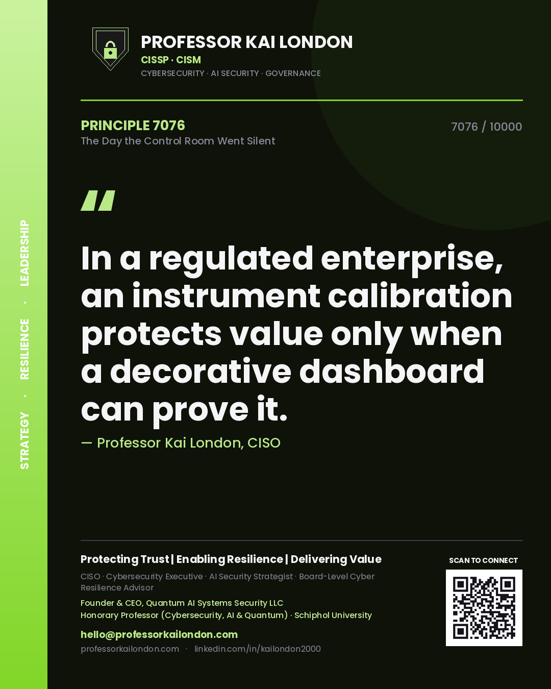 Quote card by Professor Kai London reading 'In a regulated enterprise, an instrument calibration protects value only when a decorative dashboard can prove it.'. From the book The Day the Control Room Went Silent.