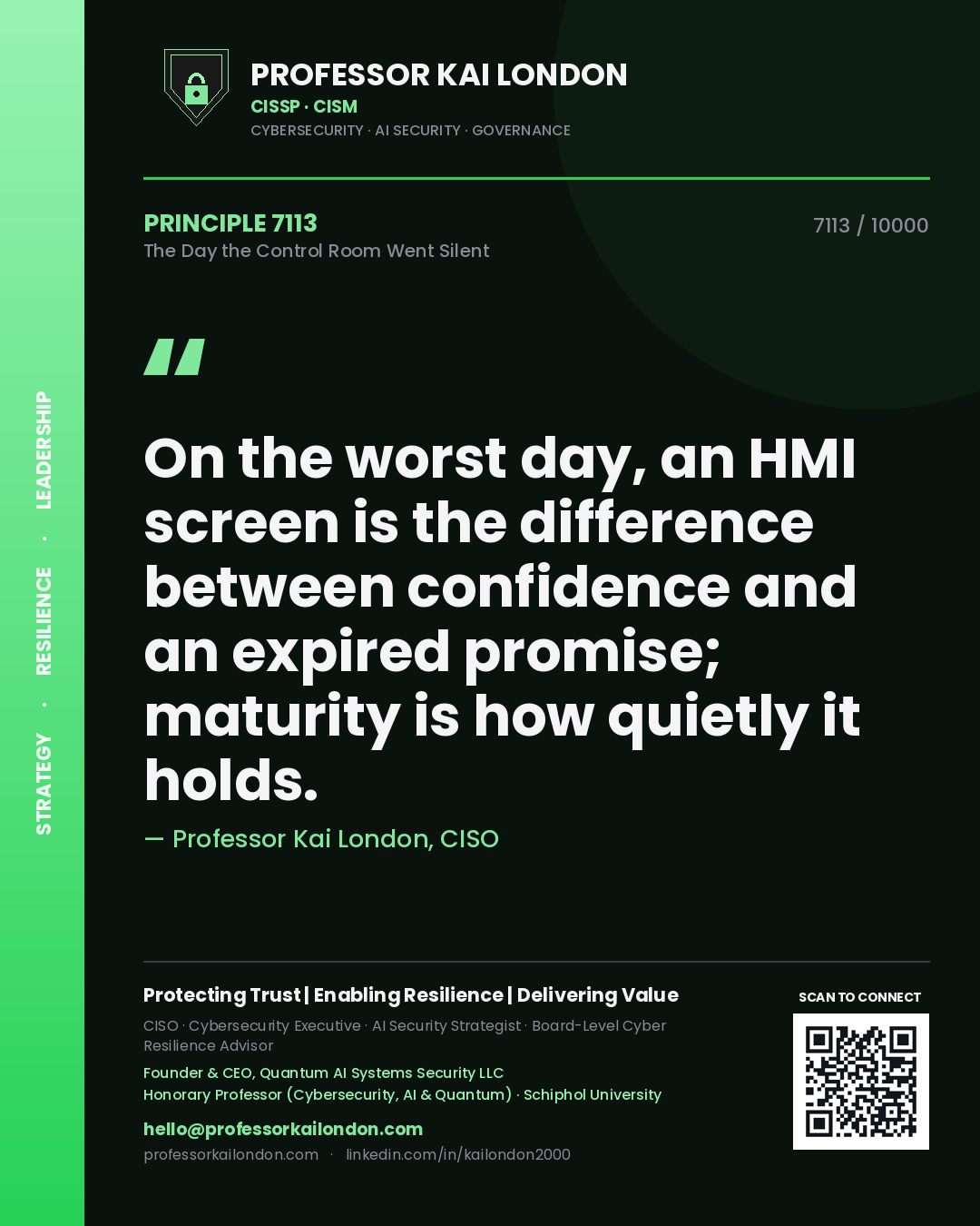 Professor Kai London principle 7113: On the worst day, an HMI screen is the difference between confidence and an expired promise; maturity is how quietly it holds.