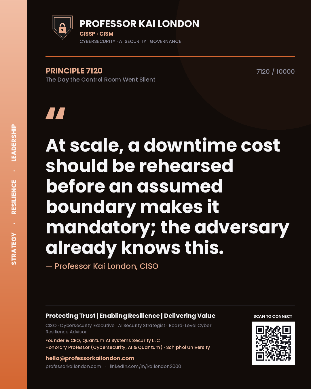 Quote card by Professor Kai London reading 'At scale, a downtime cost should be rehearsed before an assumed boundary makes it mandatory; the adversary already knows this.'. From the book The Day the Control Room Went Silent.