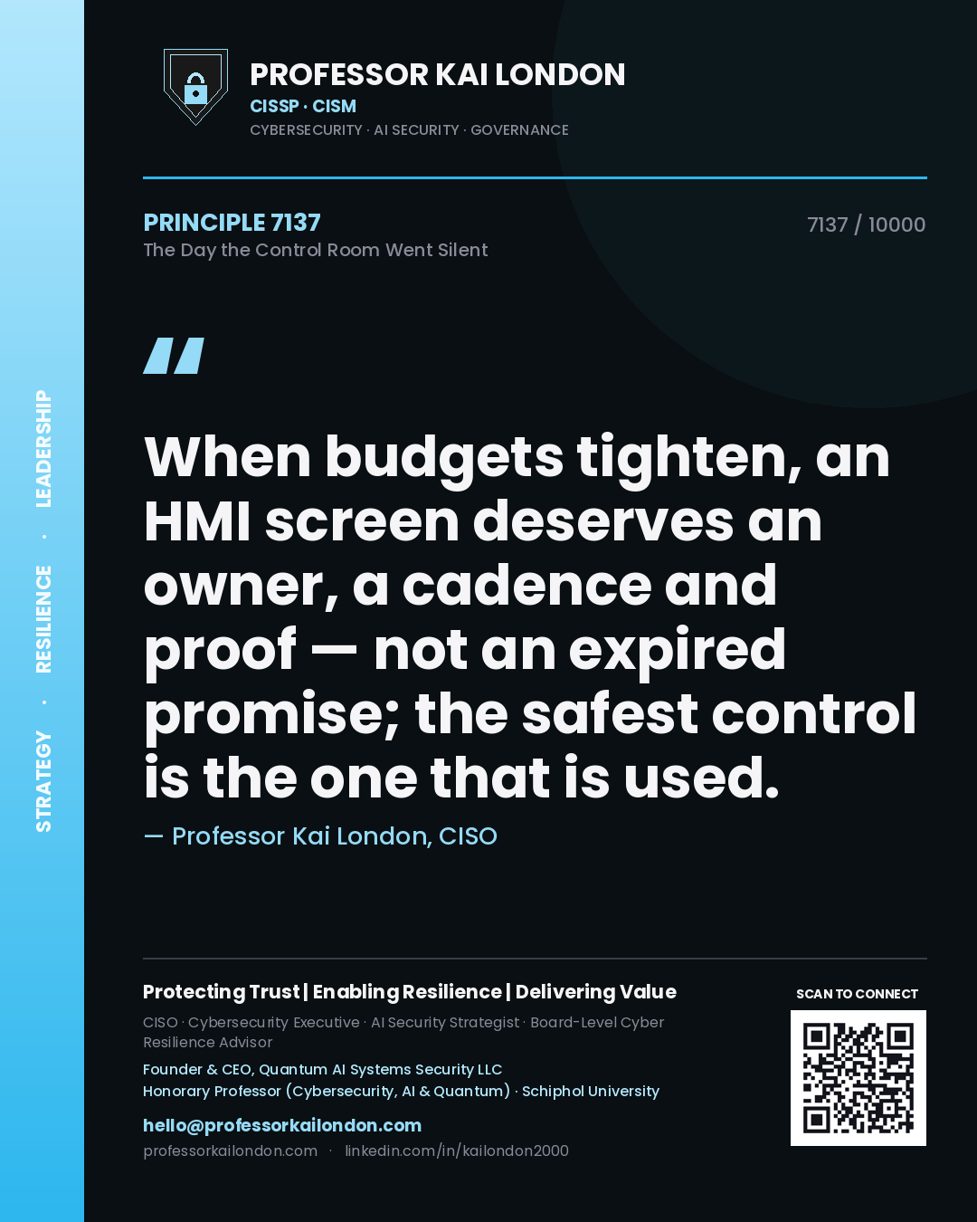 Quote card by Professor Kai London reading 'When budgets tighten, an HMI screen deserves an owner, a cadence and proof — not an expired promise; the safest control is the one that is used.'. From the book The Day the Control Room Went Silent.