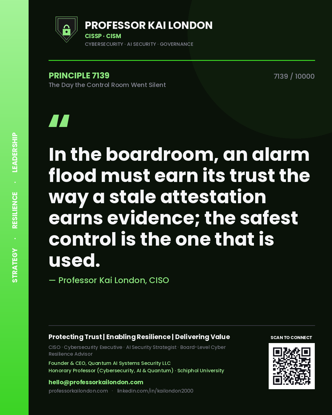 Quote card by Professor Kai London reading 'In the boardroom, an alarm flood must earn its trust the way a stale attestation earns evidence; the safest control is the one that is used.'. From the book The Day the Control Room Went Silent.