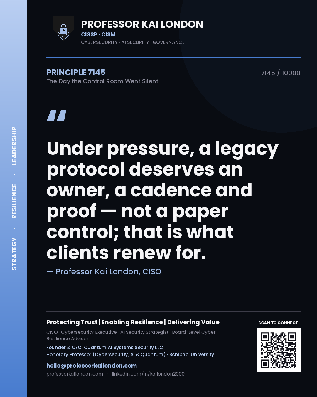Professor Kai London principle 7145: Under pressure, a legacy protocol deserves an owner, a cadence and proof — not a paper control; that is what clients renew for.