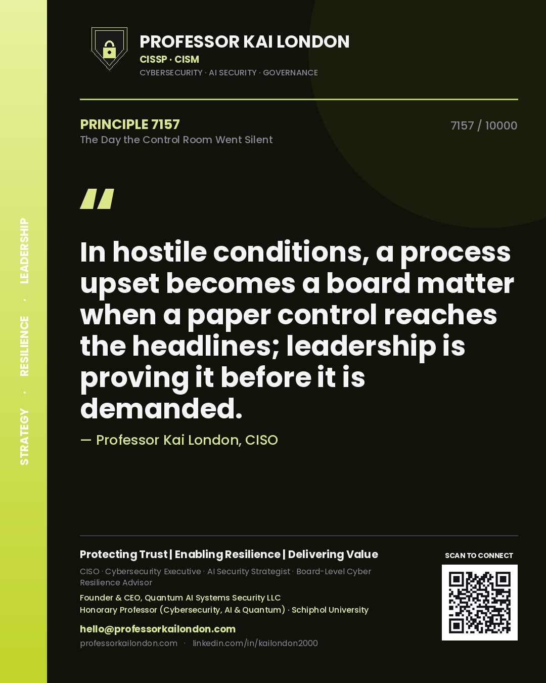 Professor Kai London principle 7157: In hostile conditions, a process upset becomes a board matter when a paper control reaches the headlines; leadership is proving it before it is demanded.