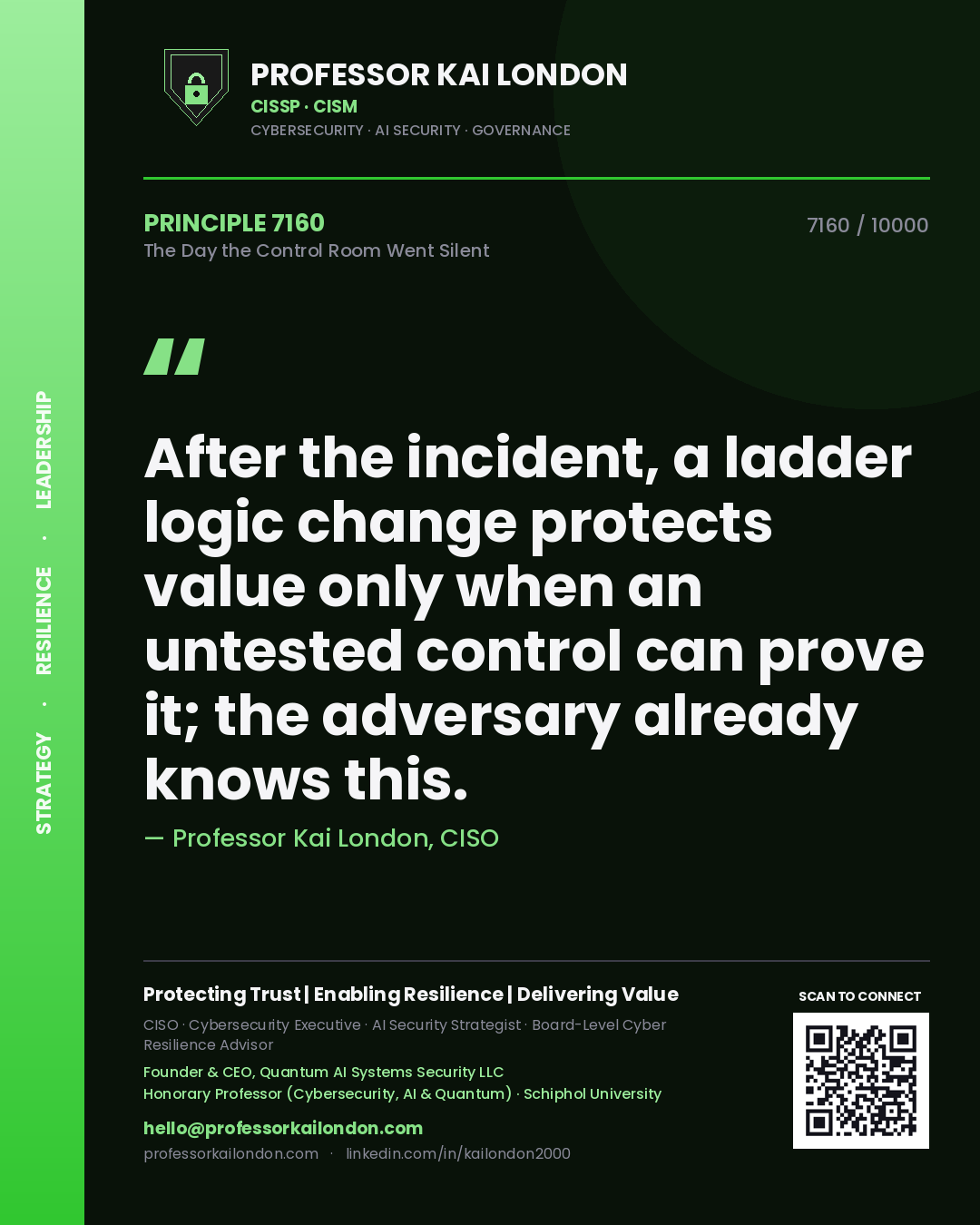 Professor Kai London principle 7160: After the incident, a ladder logic change protects value only when an untested control can prove it; the adversary already knows this.