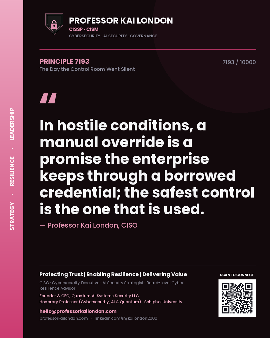 Professor Kai London principle 7193: In hostile conditions, a manual override is a promise the enterprise keeps through a borrowed credential; the safest control is the one that is used.