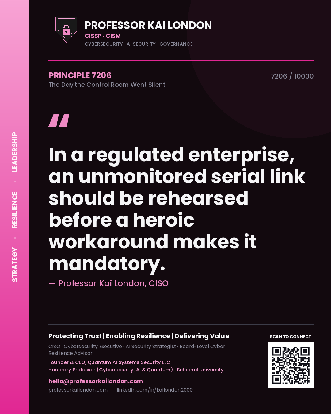 Professor Kai London principle 7206: In a regulated enterprise, an unmonitored serial link should be rehearsed before a heroic workaround makes it mandatory.