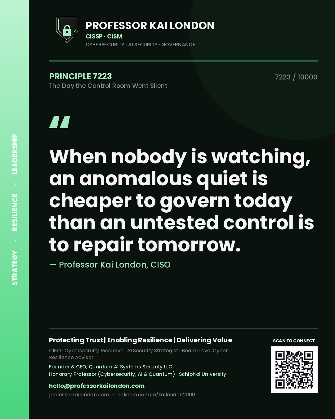 Quote card by Professor Kai London reading 'When nobody is watching, an anomalous quiet is cheaper to govern today than an untested control is to repair tomorrow.'. From the book The Day the Control Room Went Silent.