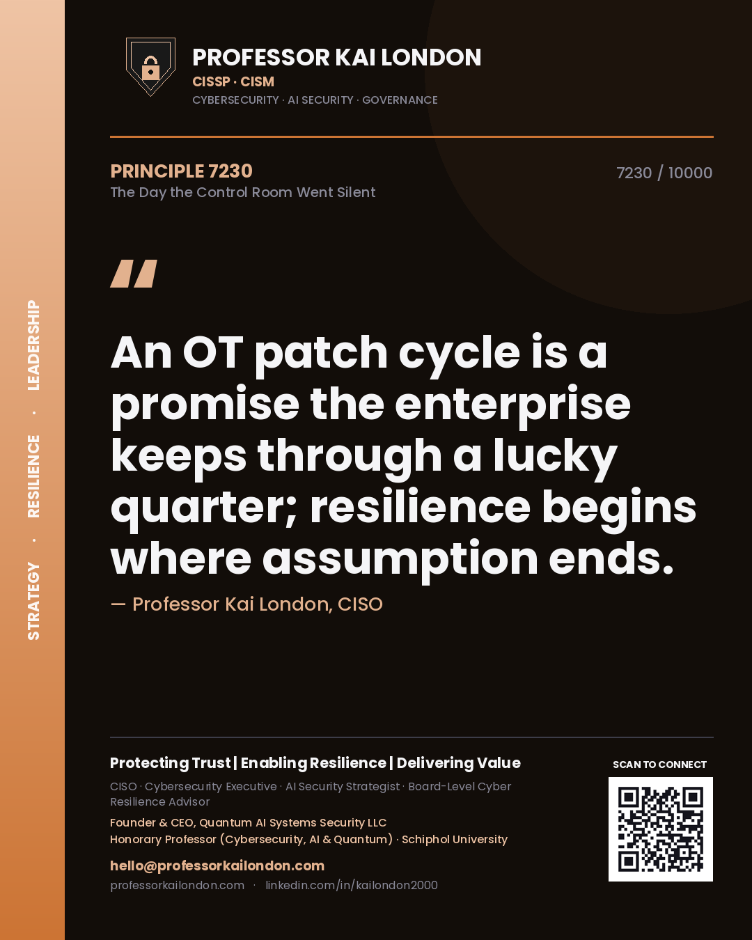Professor Kai London principle 7230: An OT patch cycle is a promise the enterprise keeps through a lucky quarter; resilience begins where assumption ends.