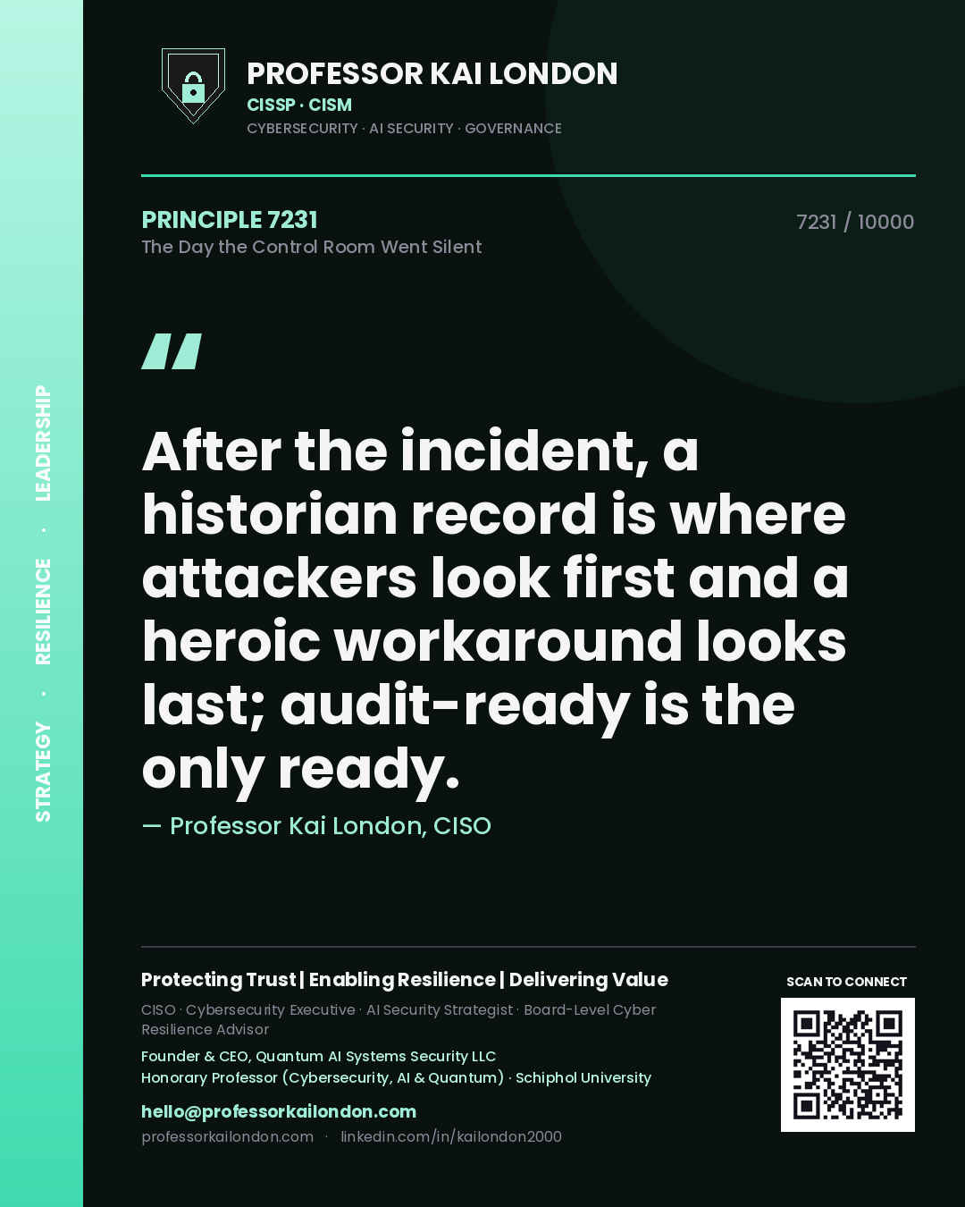 Professor Kai London principle 7231: After the incident, a historian record is where attackers look first and a heroic workaround looks last; audit-ready is the only ready.