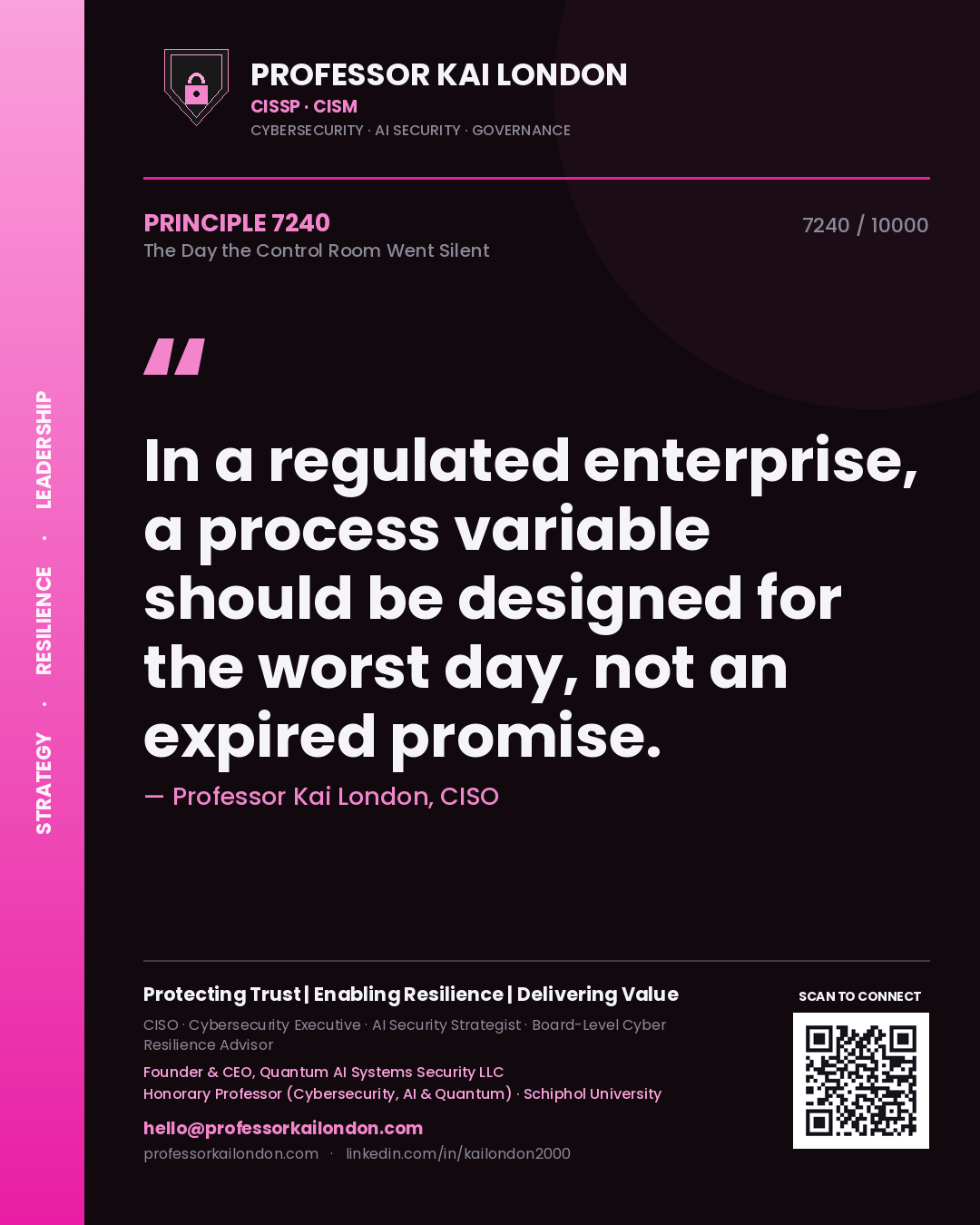 Quote card by Professor Kai London reading 'In a regulated enterprise, a process variable should be designed for the worst day, not an expired promise.'. From the book The Day the Control Room Went Silent.