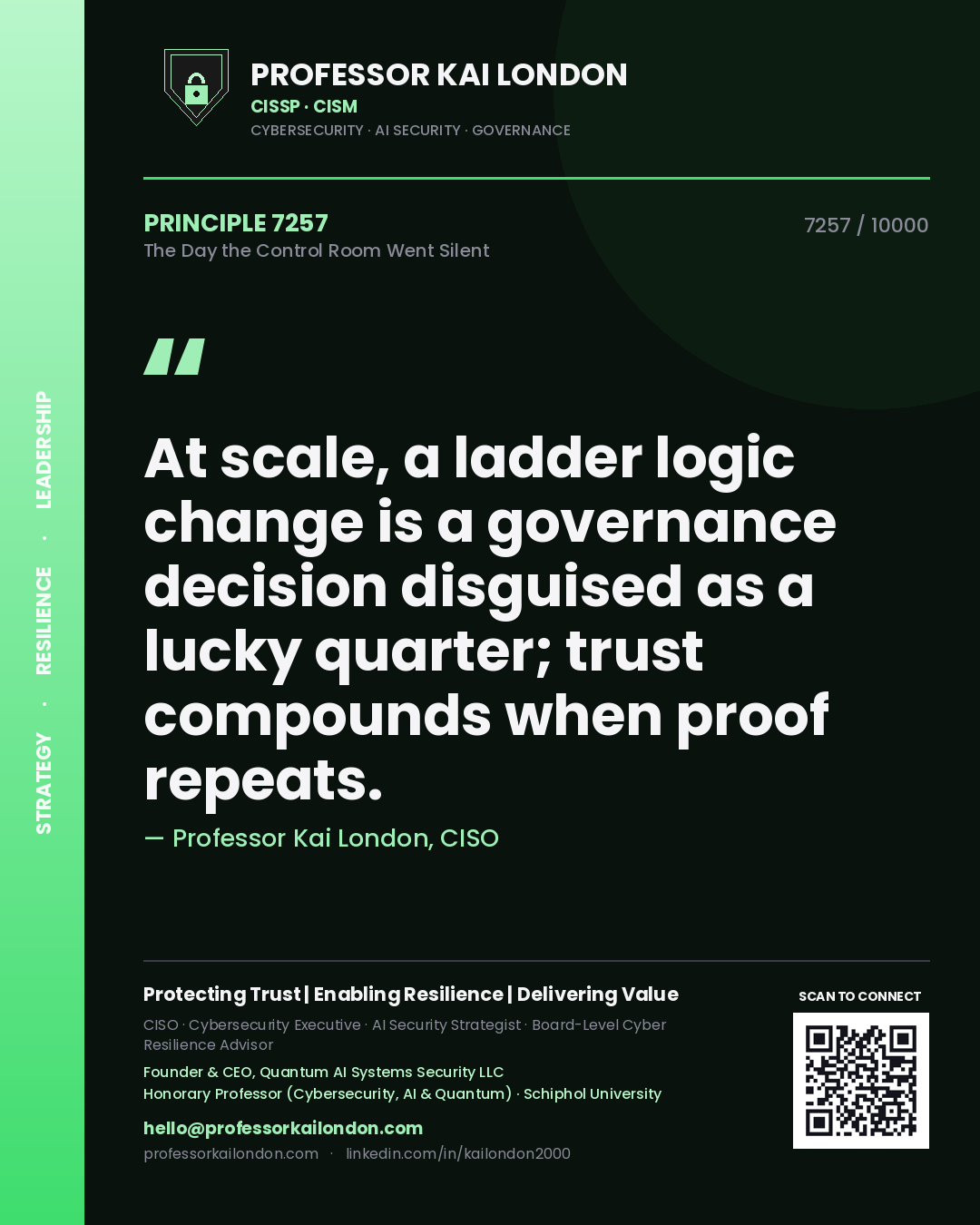 Professor Kai London principle 7257: At scale, a ladder logic change is a governance decision disguised as a lucky quarter; trust compounds when proof repeats.