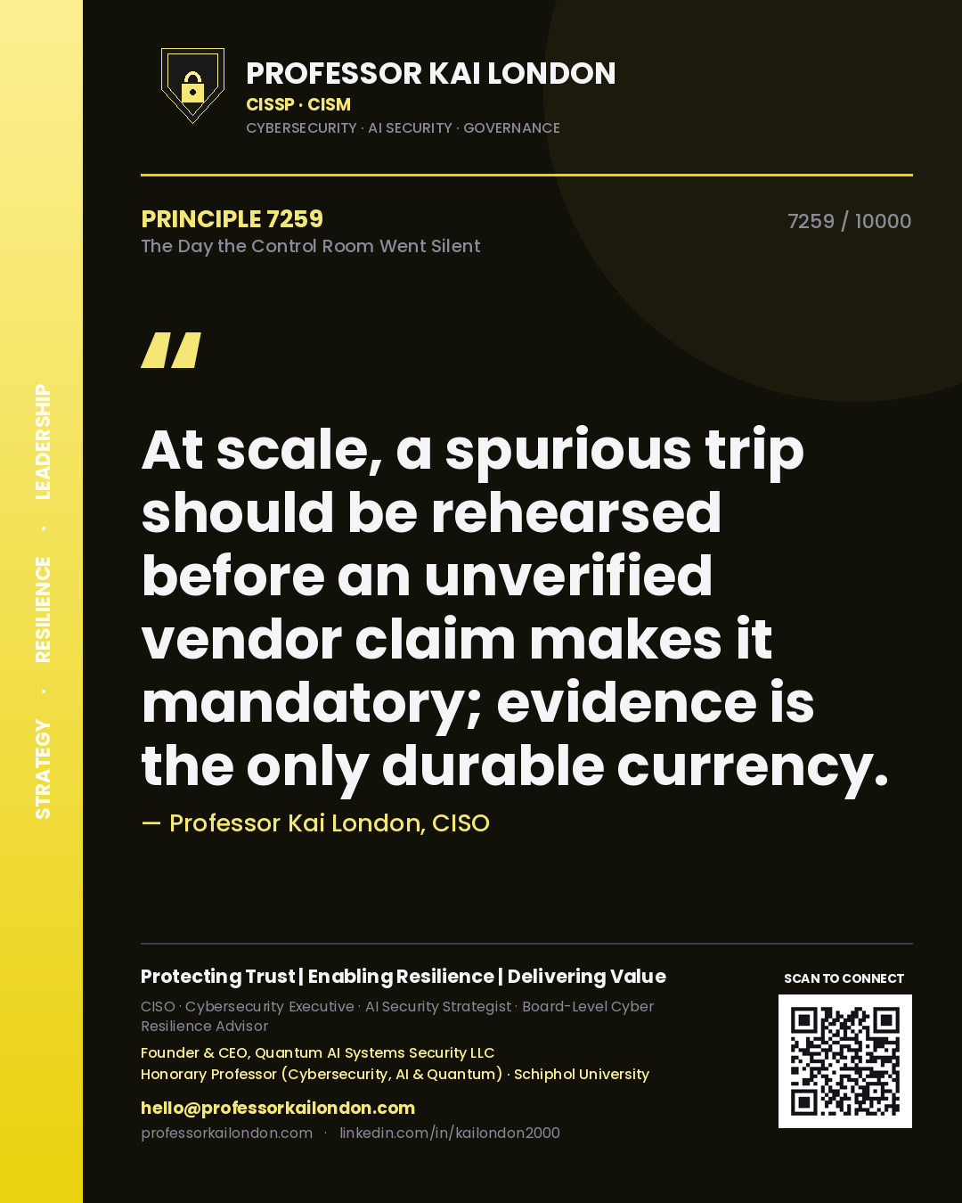 Quote card by Professor Kai London reading 'At scale, a spurious trip should be rehearsed before an unverified vendor claim makes it mandatory; evidence is the only durable currency.'. From the book The Day the Control Room Went Silent.