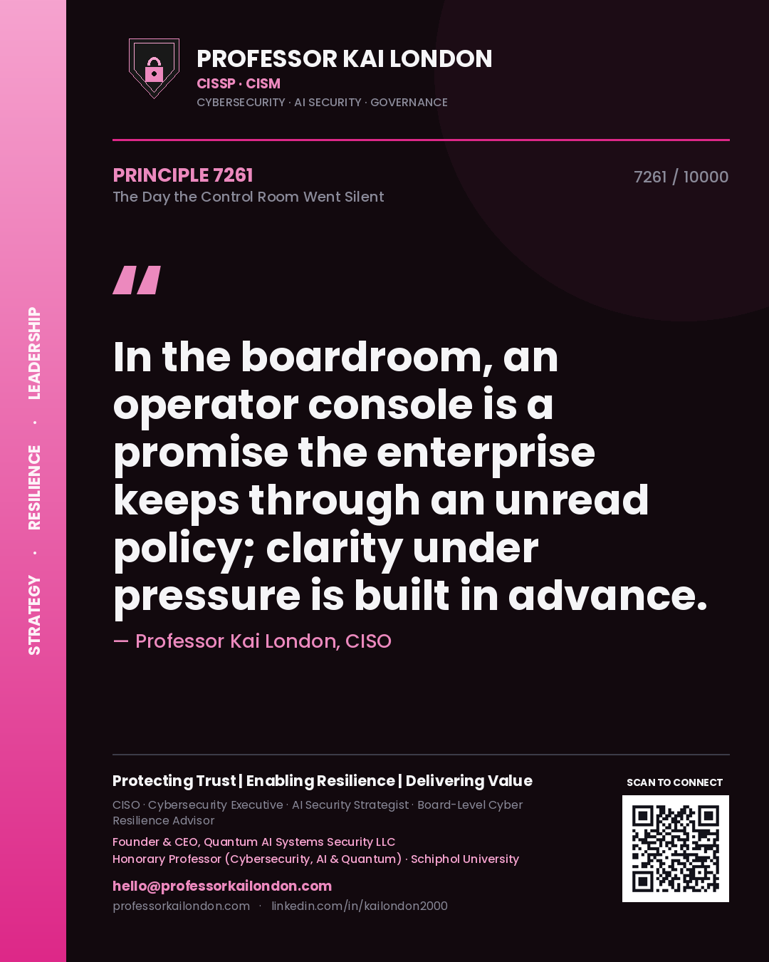 Quote card by Professor Kai London reading 'In the boardroom, an operator console is a promise the enterprise keeps through an unread policy; clarity under pressure is built in advance.'. From the book The Day the Control Room Went Silent.