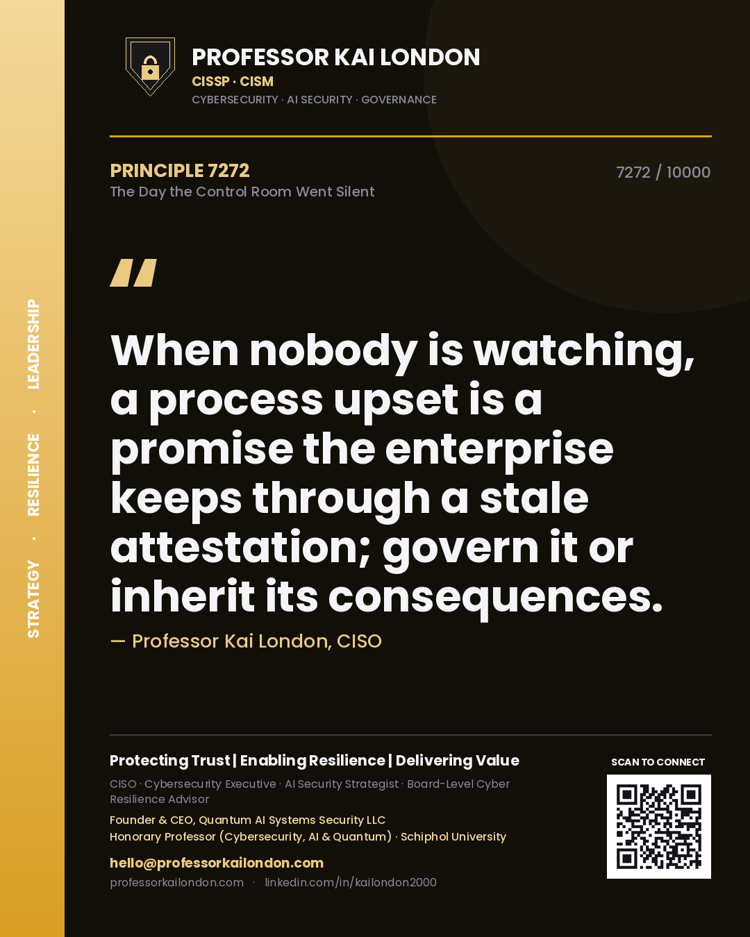 Quote card by Professor Kai London reading 'When nobody is watching, a process upset is a promise the enterprise keeps through a stale attestation; govern it or inherit its consequences.'. From the book The Day the Control Room Went Silent.