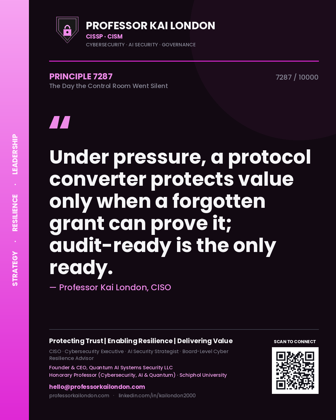 Professor Kai London principle 7287: Under pressure, a protocol converter protects value only when a forgotten grant can prove it; audit-ready is the only ready.