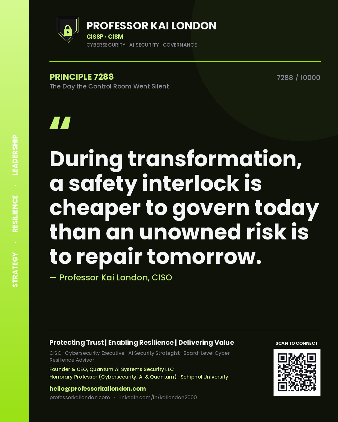 Professor Kai London principle 7288: During transformation, a safety interlock is cheaper to govern today than an unowned risk is to repair tomorrow.