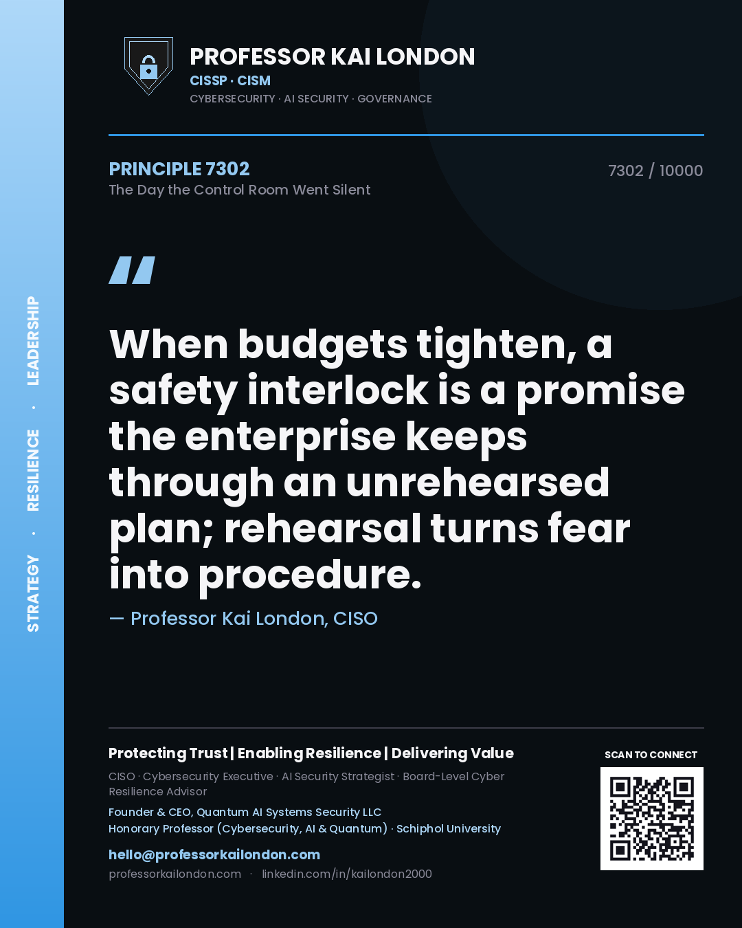 Quote card by Professor Kai London reading 'When budgets tighten, a safety interlock is a promise the enterprise keeps through an unrehearsed plan; rehearsal turns fear into procedure.'. From the book The Day the Control Room Went Silent.