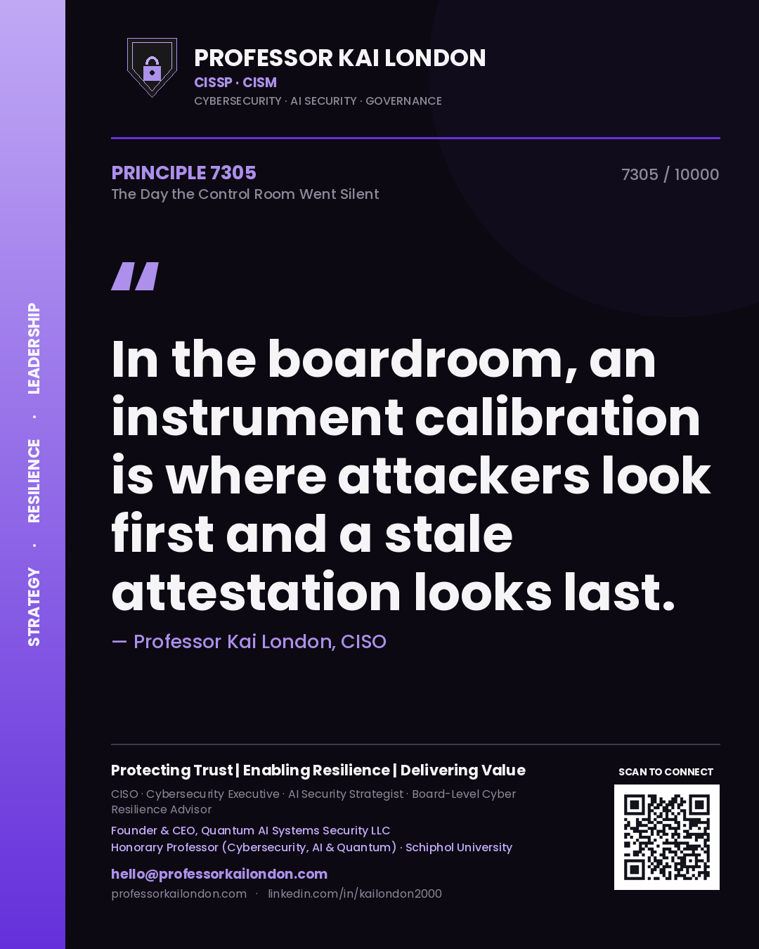 Quote card by Professor Kai London reading 'In the boardroom, an instrument calibration is where attackers look first and a stale attestation looks last.'. From the book The Day the Control Room Went Silent.