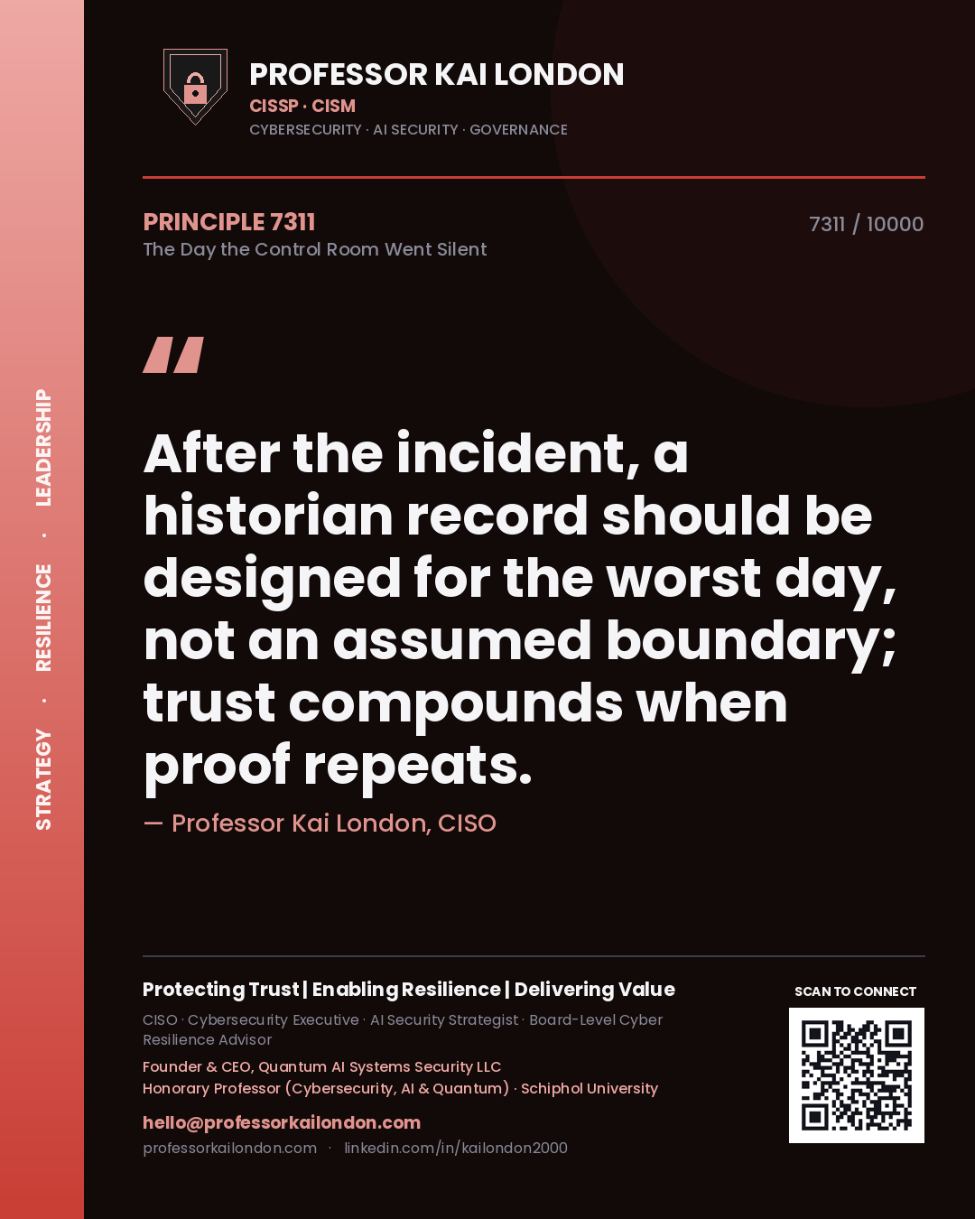 Quote card by Professor Kai London reading 'After the incident, a historian record should be designed for the worst day, not an assumed boundary; trust compounds when proof repeats.'. From the book The Day the Control Room Went Silent.