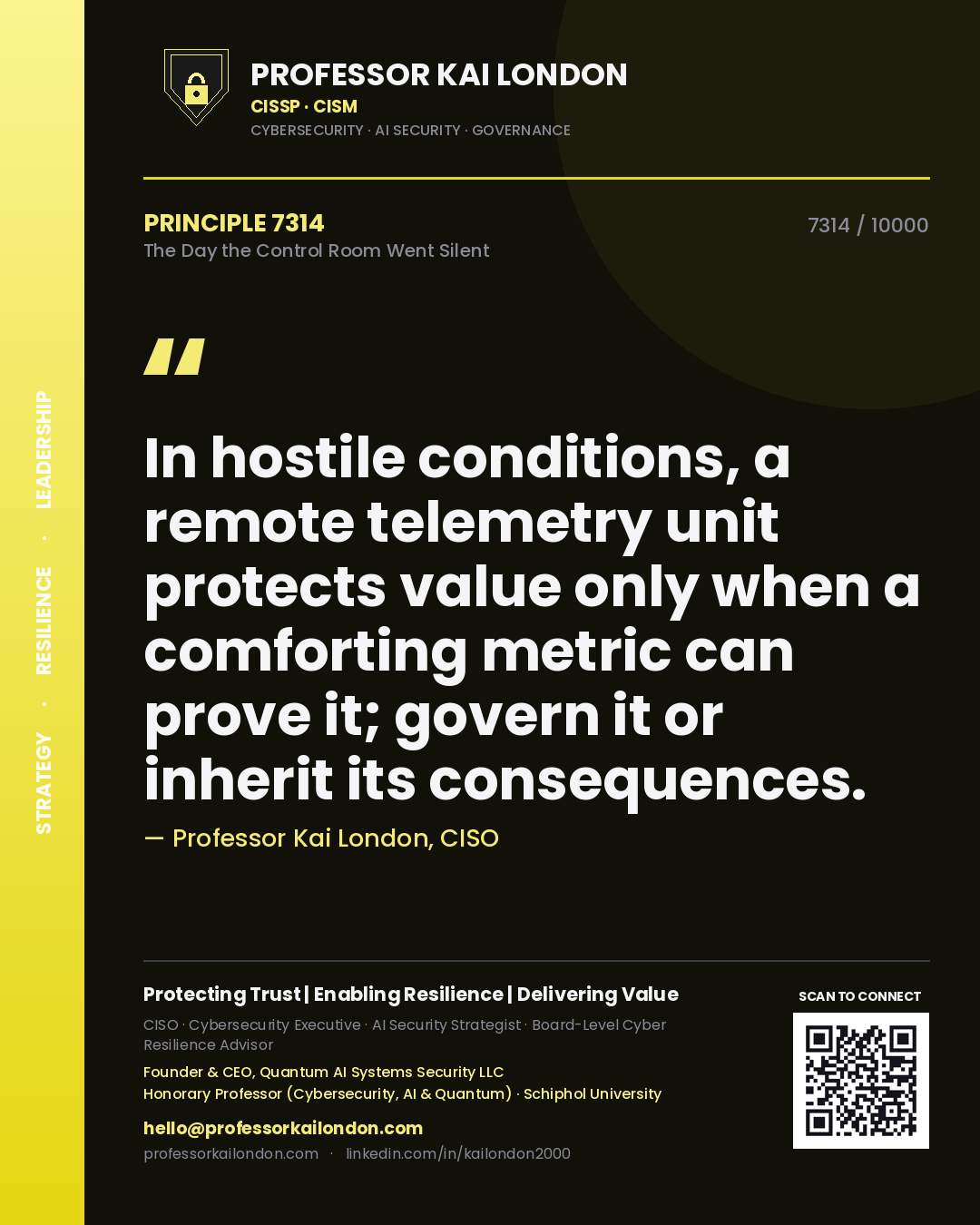 Quote card by Professor Kai London reading 'In hostile conditions, a remote telemetry unit protects value only when a comforting metric can prove it; govern it or inherit its consequences.'. From the book The Day the Control Room Went Silent.