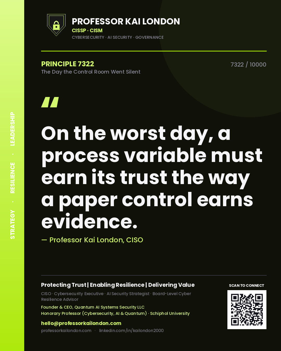 Quote card by Professor Kai London reading 'On the worst day, a process variable must earn its trust the way a paper control earns evidence.'. From the book The Day the Control Room Went Silent.