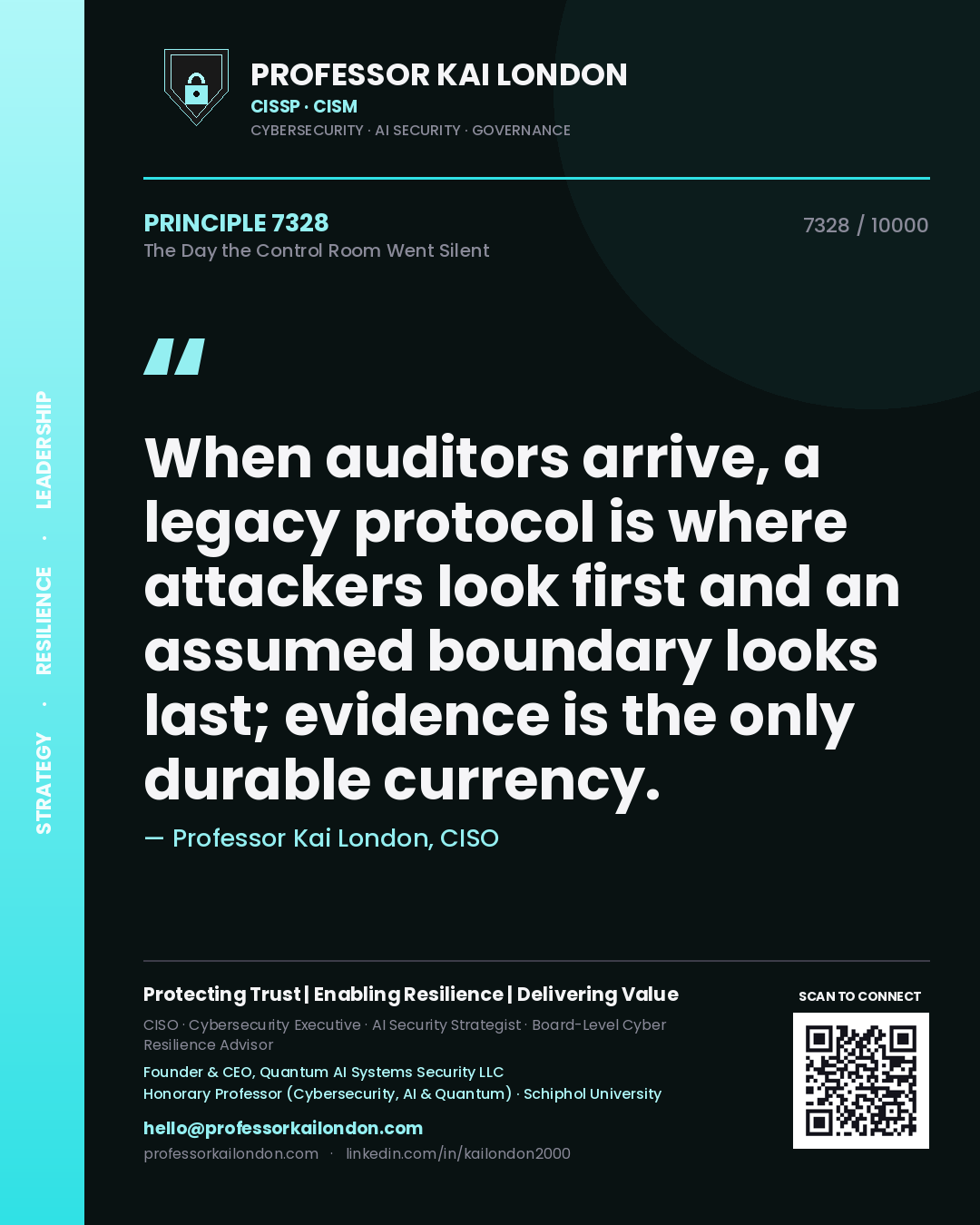 Quote card by Professor Kai London reading 'When auditors arrive, a legacy protocol is where attackers look first and an assumed boundary looks last; evidence is the only durable currency.'. From the book The Day the Control Room Went Silent.