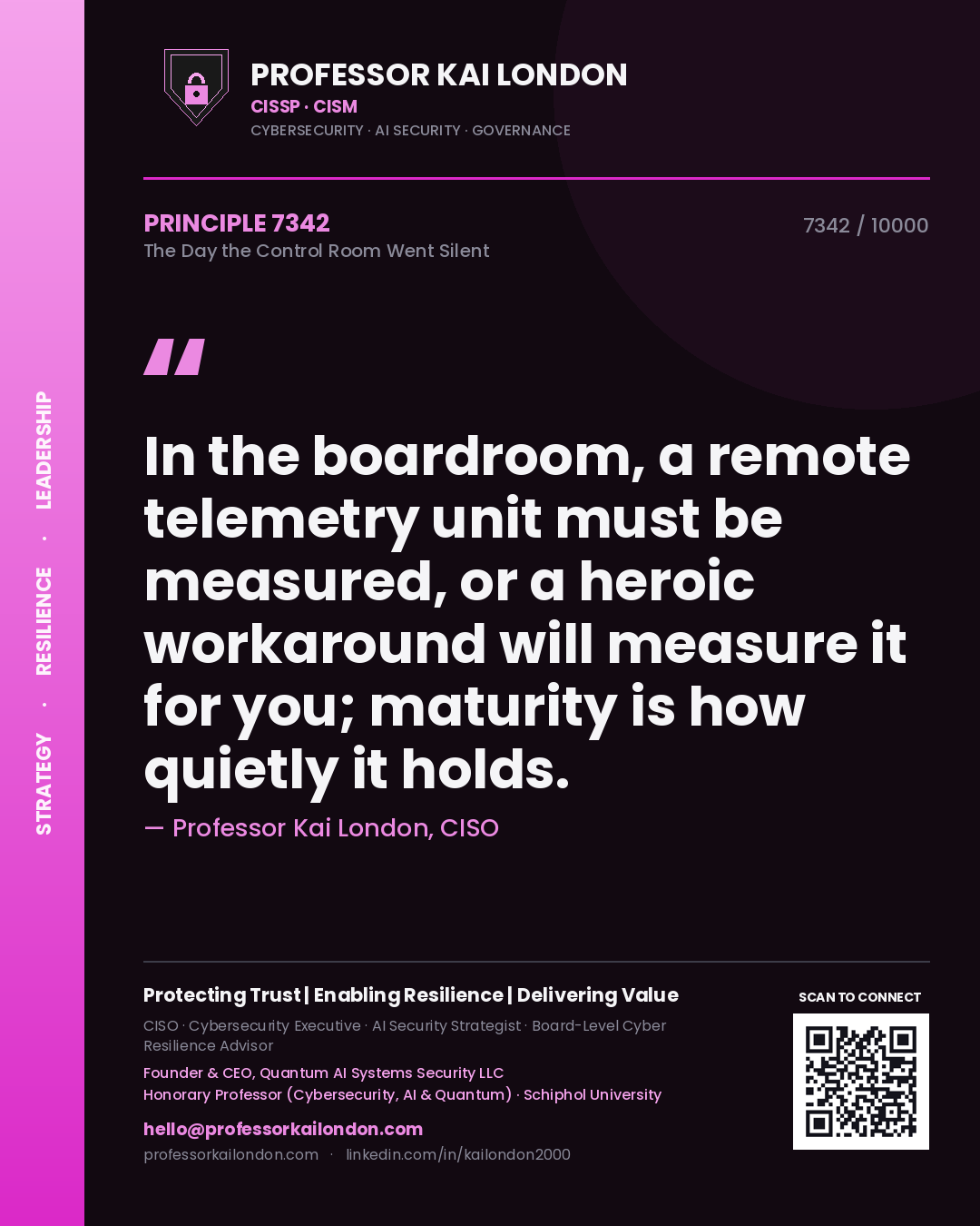 Quote card by Professor Kai London reading 'In the boardroom, a remote telemetry unit must be measured, or a heroic workaround will measure it for you; maturity is how quietly it holds.'. From the book The Day the Control Room Went Silent.