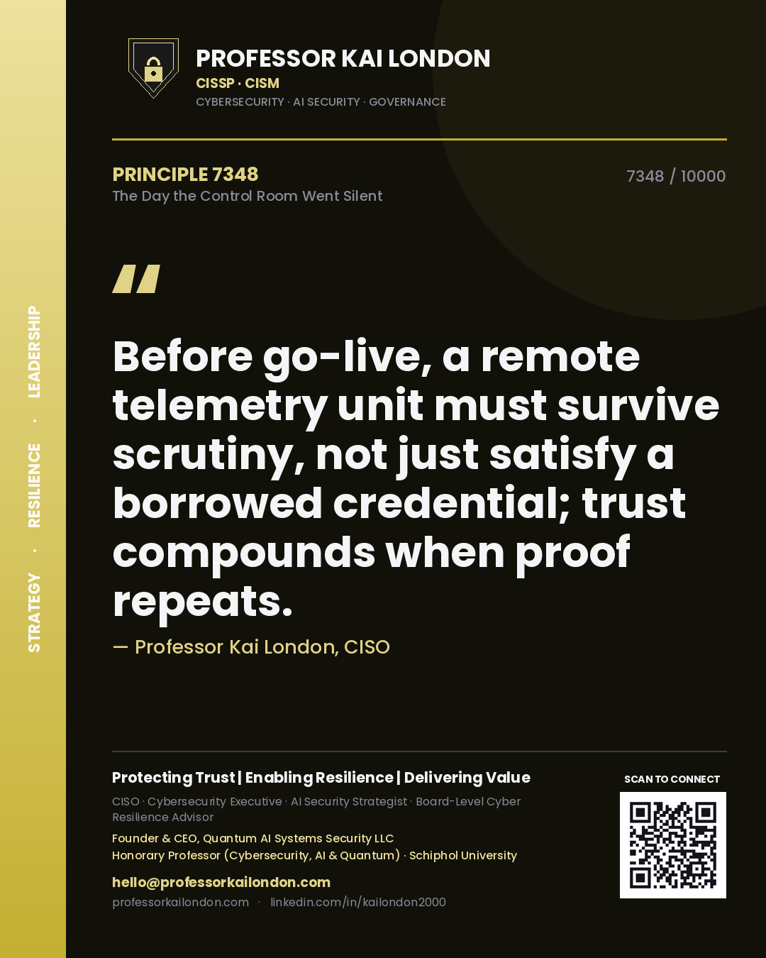 Quote card by Professor Kai London reading 'Before go-live, a remote telemetry unit must survive scrutiny, not just satisfy a borrowed credential; trust compounds when proof repeats.'. From the book The Day the Control Room Went Silent.