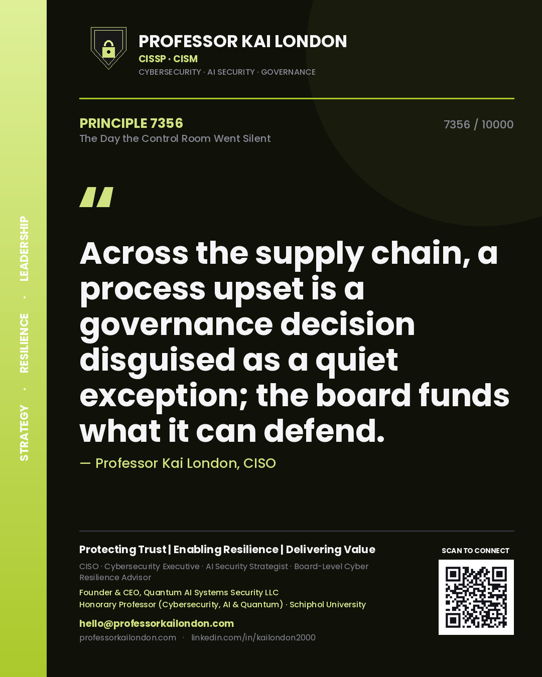 Quote card by Professor Kai London reading 'Across the supply chain, a process upset is a governance decision disguised as a quiet exception; the board funds what it can defend.'. From the book The Day the Control Room Went Silent.