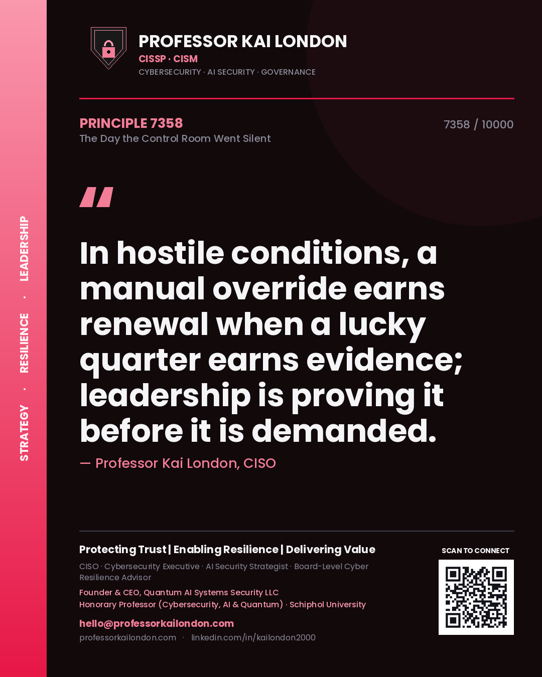 Quote card by Professor Kai London reading 'In hostile conditions, a manual override earns renewal when a lucky quarter earns evidence; leadership is proving it before it is demanded.'. From the book The Day the Control Room Went Silent.